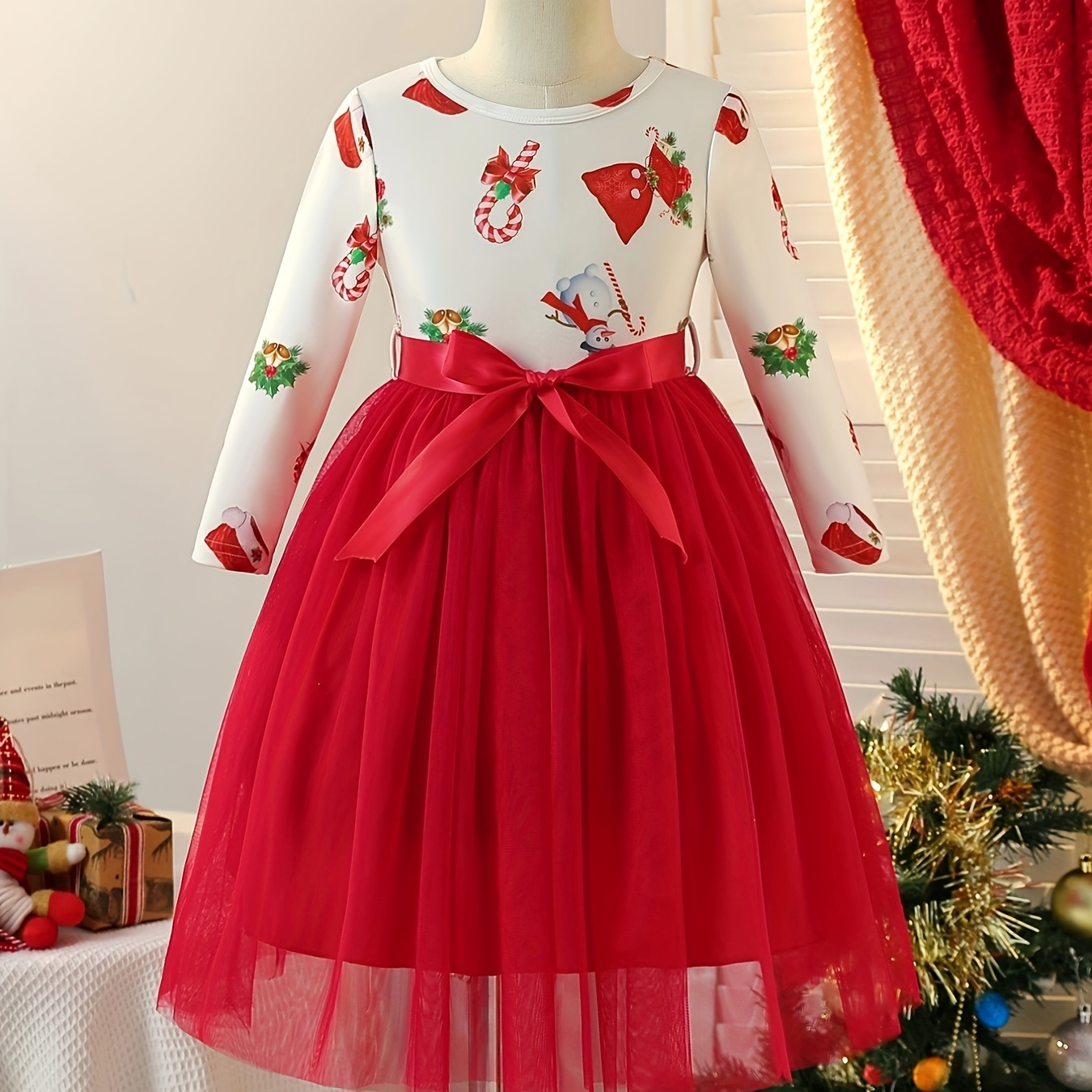 

Girl's Christmas Party Dress With Belt, Long-sleeve Dress Vacation Party Casual Tutu Dresses, Gift