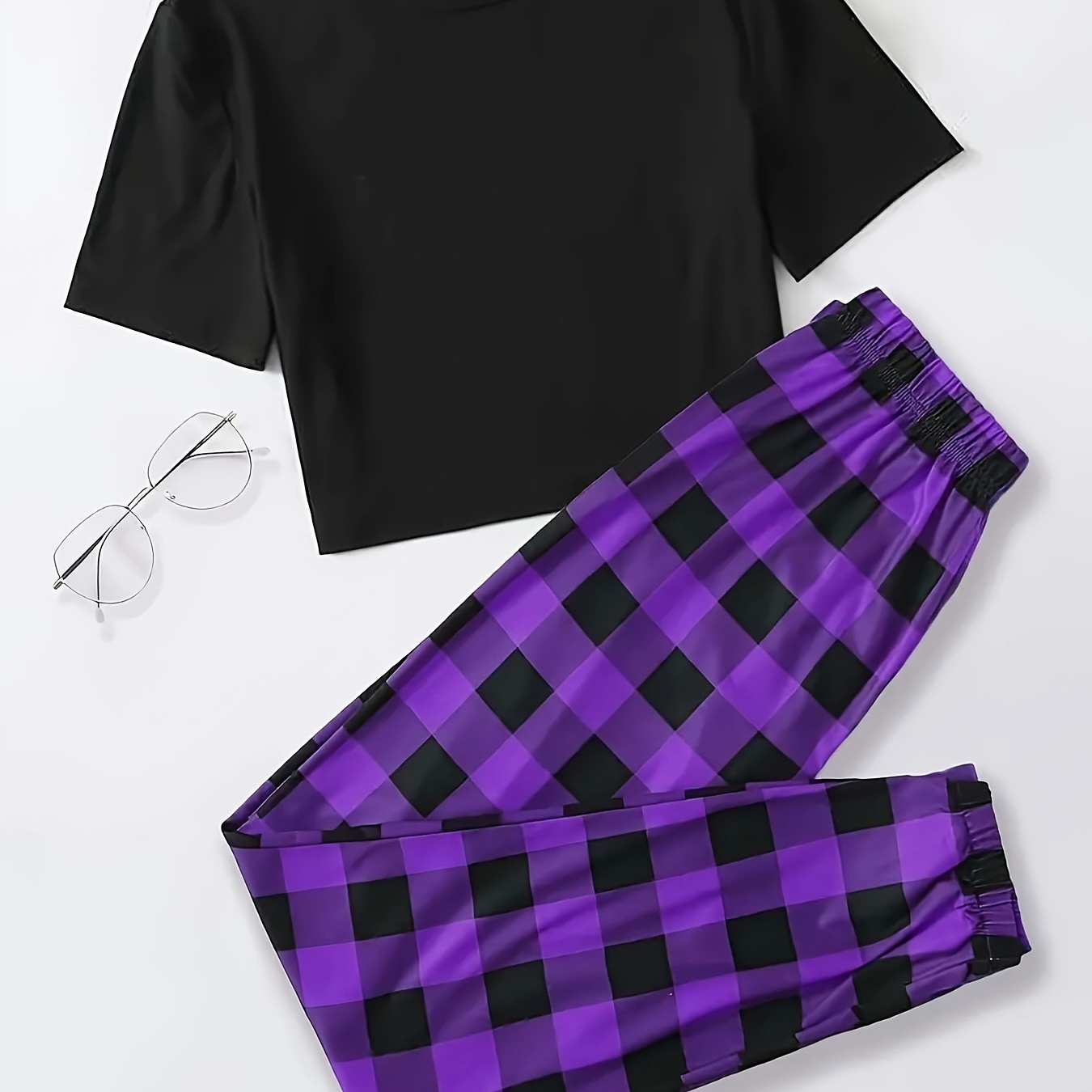 

Basic Plaid Print Pajama Set, Short Sleeve Crew Neck Crop Top & Elastic Joggers, Women's Sleepwear & Loungewear