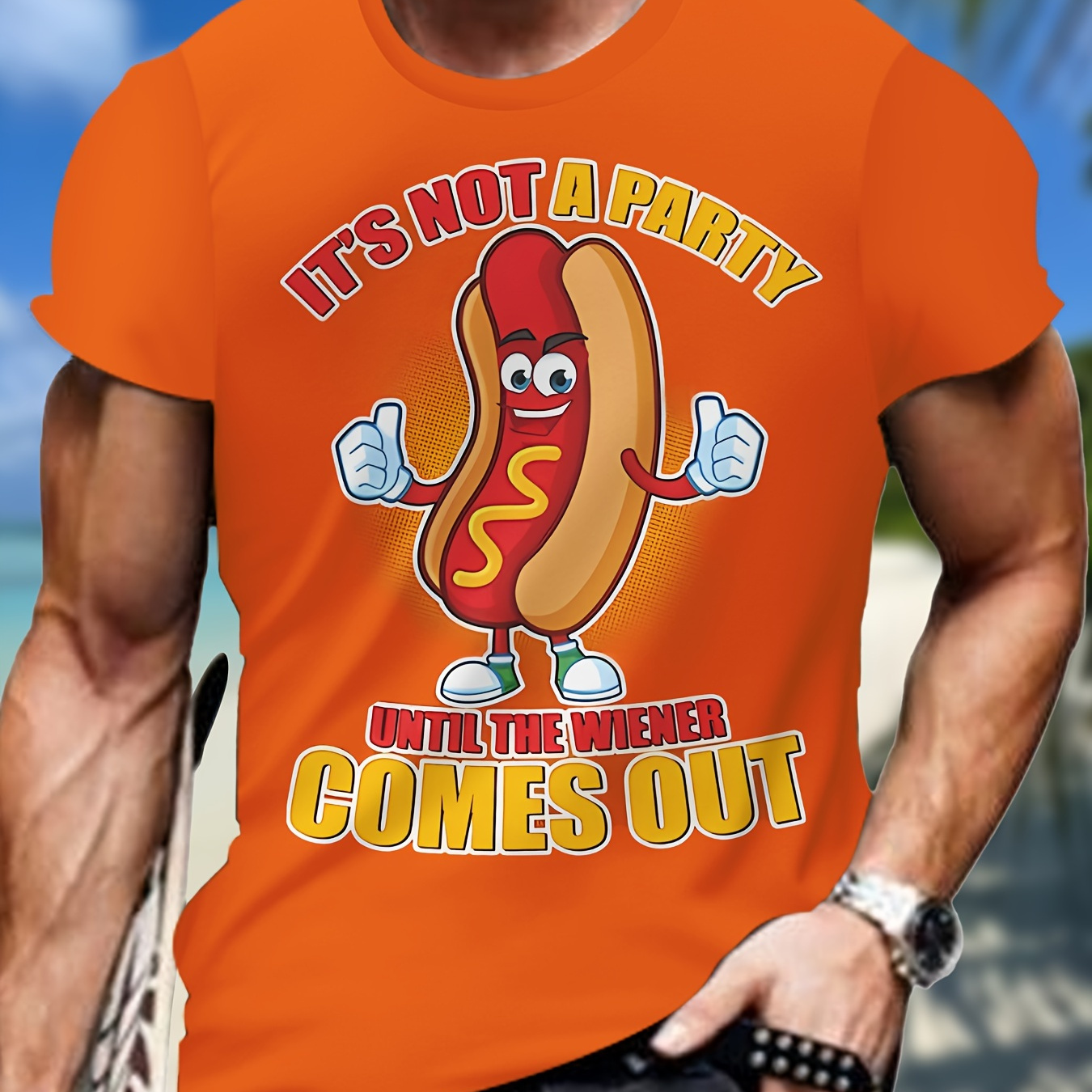 

Men's Hotdog Graphic Print T-shirt, Short Sleeve Crew Neck Tee, Men's Clothing For Summer Outdoor