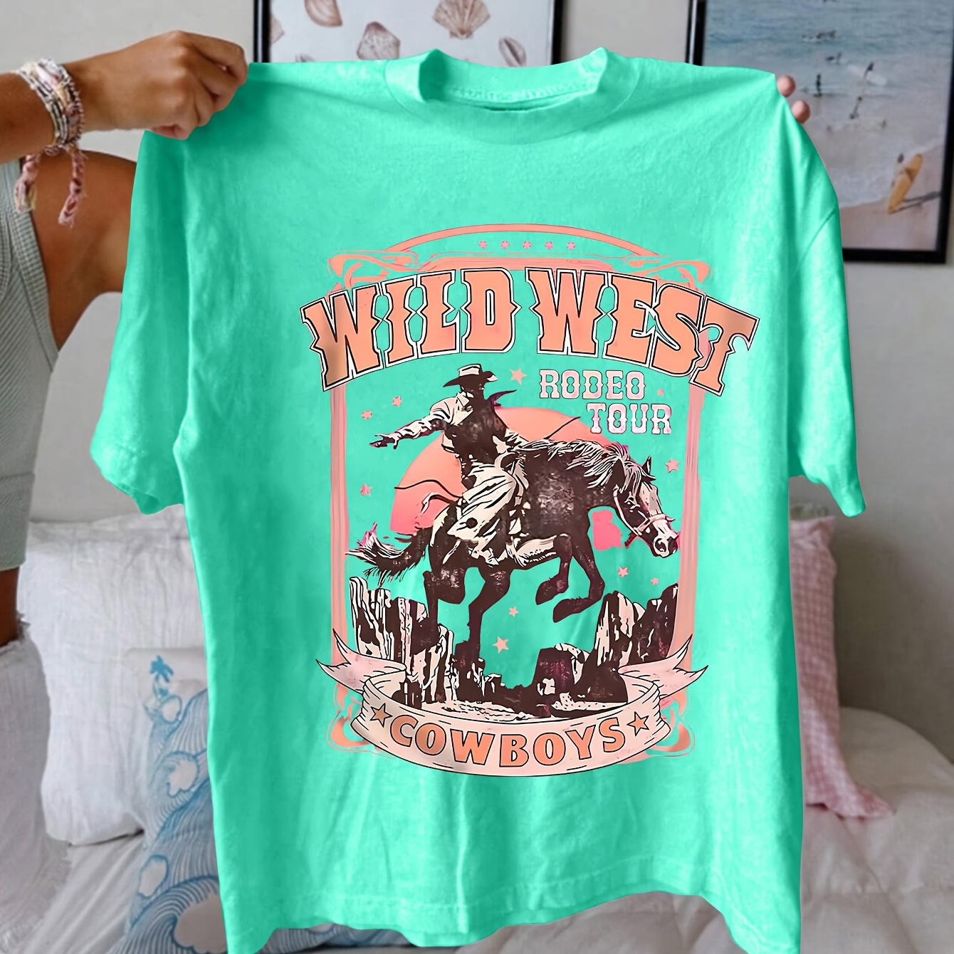 

Women's Western Graphic T-shirt, Polyester 95% Elastane 5% Knit Fabric, Short Sleeve Crew Neck Casual Top, Regular Length, Summer Season, 180g/m² - Wild West Rodeo Tour Cowboy Print