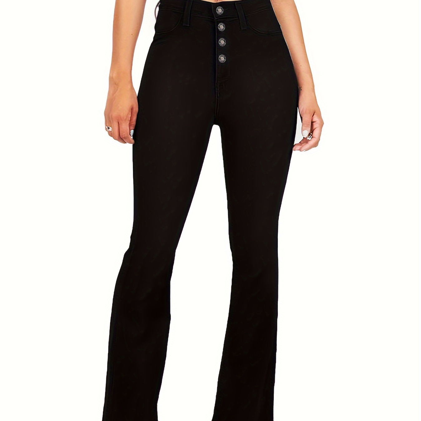 

Women's Flared Leg Black Jeans, High Waisted Button Front Stretchy Jeans, Casual Style