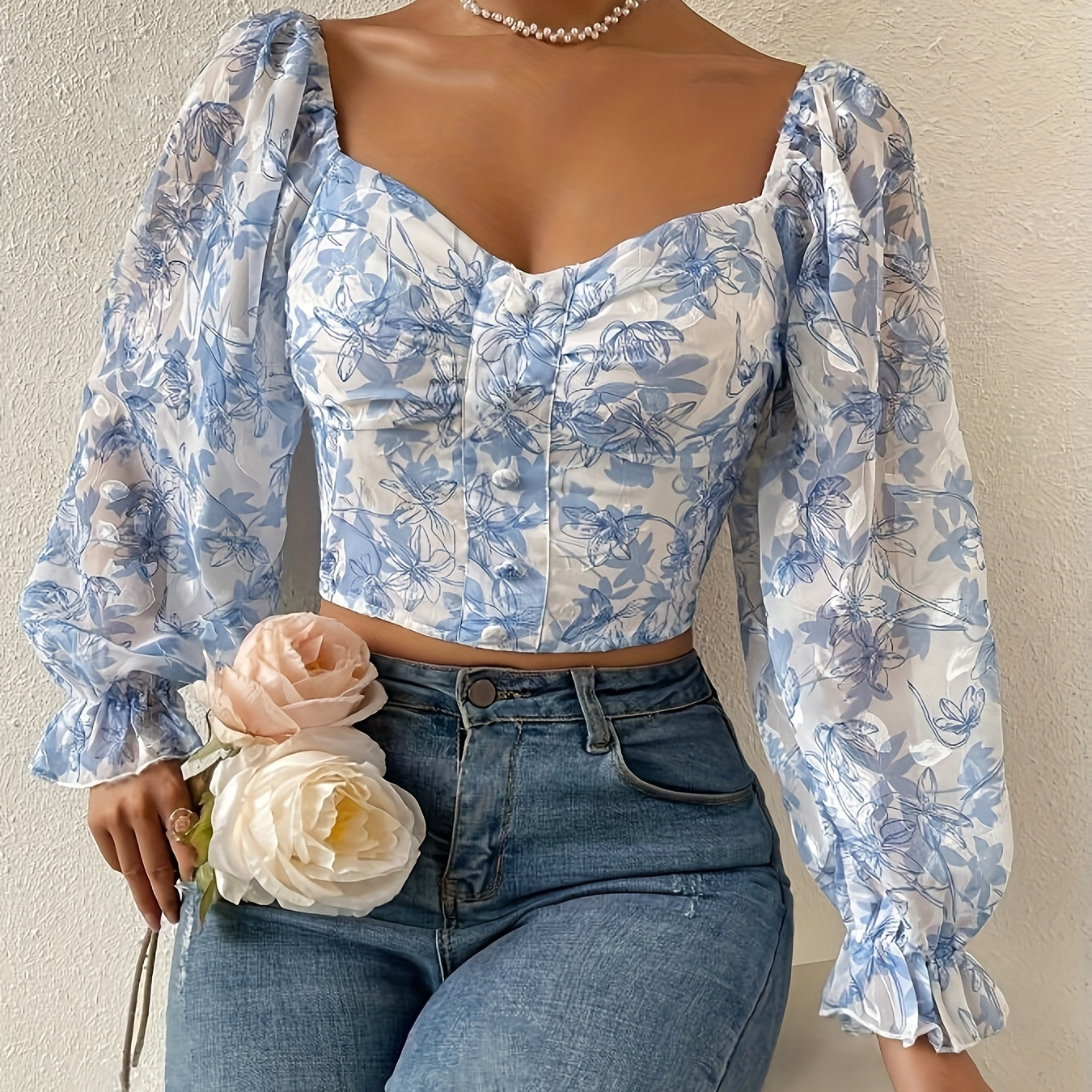 

Floral Print Single Breasted Blouse, Elegant Sweetheart Neck Long Sleeve Blouse For Spring & Fall, Women's Clothing