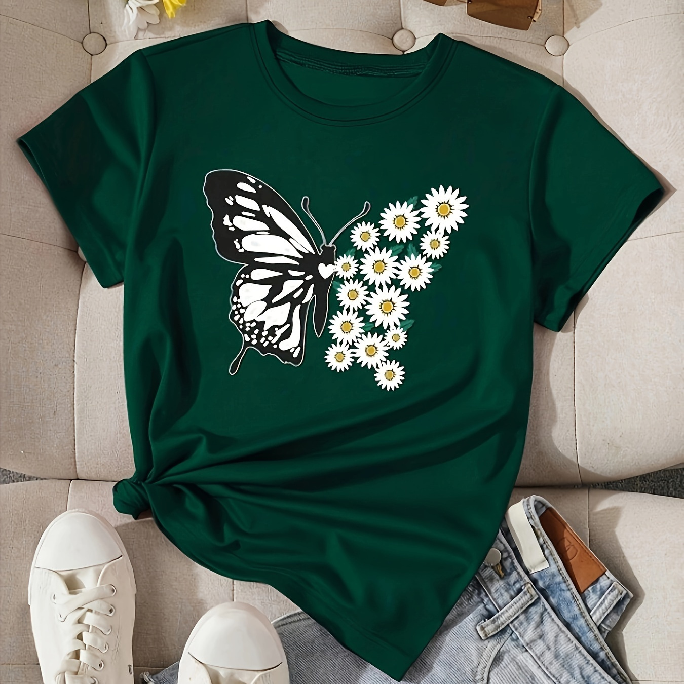 

Butterfly & Floral Print Crew Neck T-shirt, Casual Short Sleeve Top For Spring & Summer, Women's Clothing