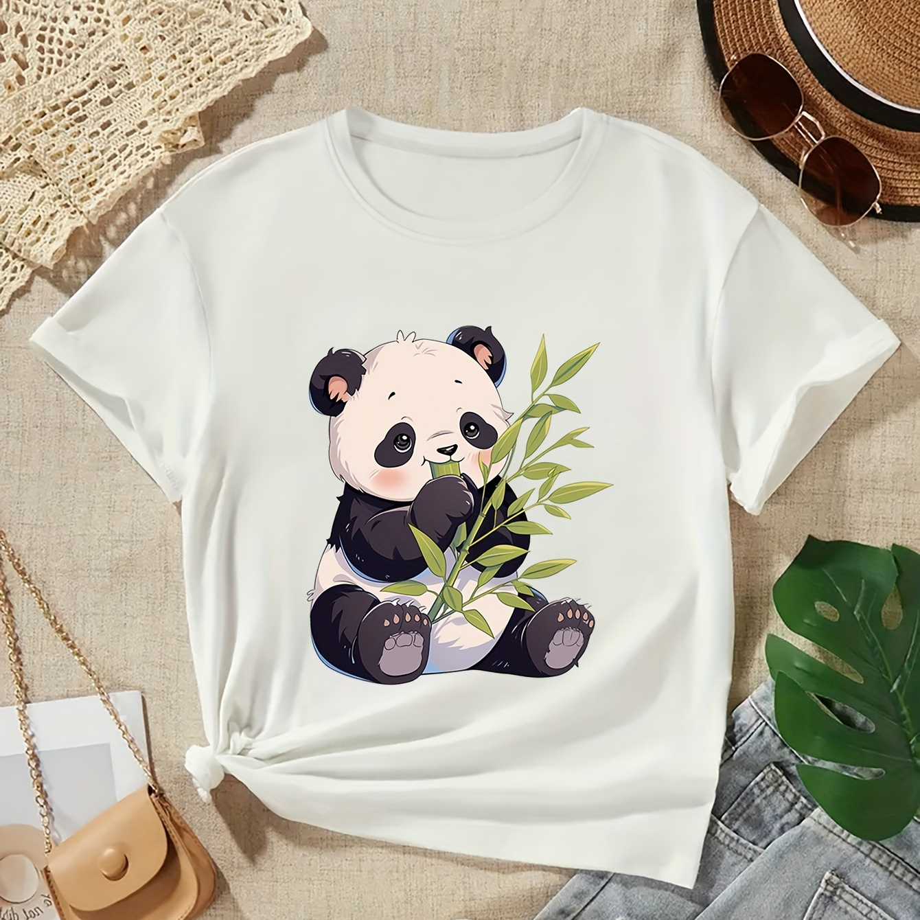 

Cartoon Panda Graphic Print, Girls' Casual & Comfy Crew Neck Short Sleeve T-shirt, Girls' Summer Daily Wear Clothes