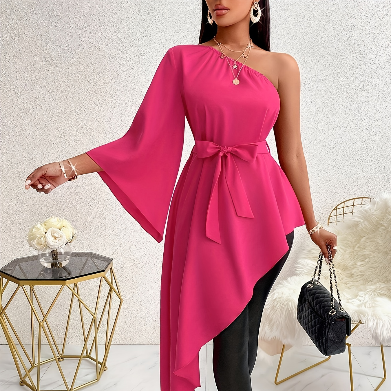 

One-shoulder Asymmetric Hem Blouse, Elegant Long Flare Sleeve Cinched Waist Top For Spring & Fall, Women's Clothing