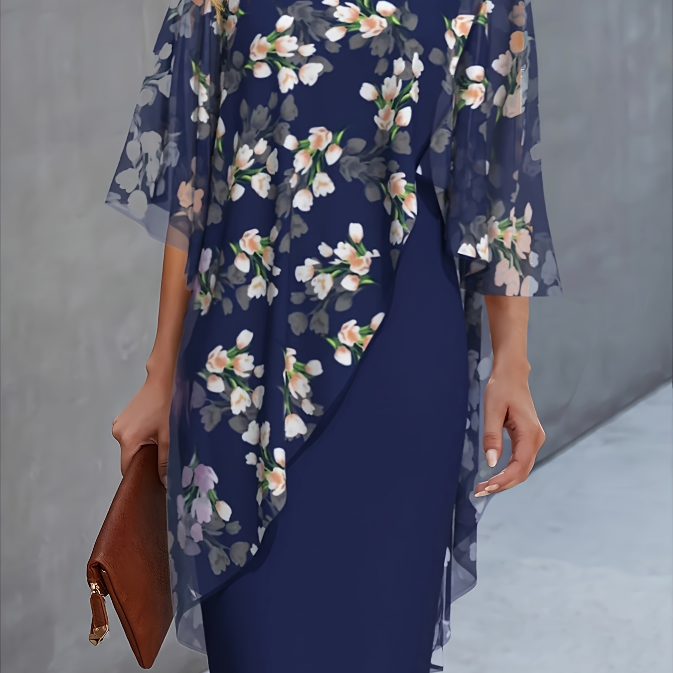 

Plus Size Floral Print Dress, Casual 3/4 Sleeve Crew Neck Dress For Spring & Summer, Women's Plus Size clothing