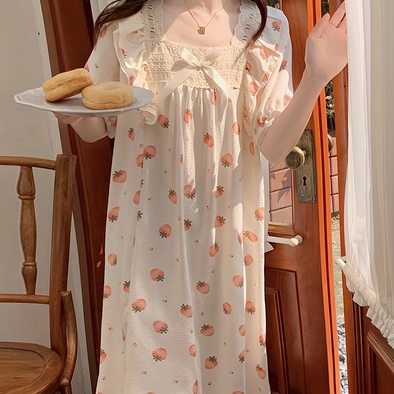 

Strawberry Print Textured Nightgown, Sweet Puff Sleeve Bow Decor Square Neck Loose Fit Sleep Dress, Women's Sleepwear