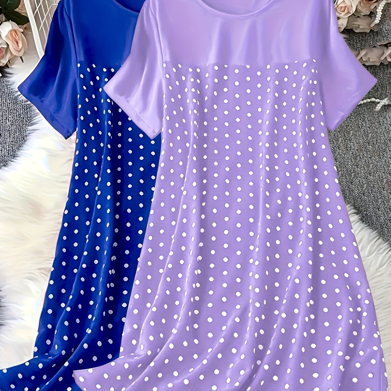 

Elegant Polka Dot Women's Sleepwear Set - Comfy Short Sleeve Round Neck Nightgown & Matching Pants, Machine Washable