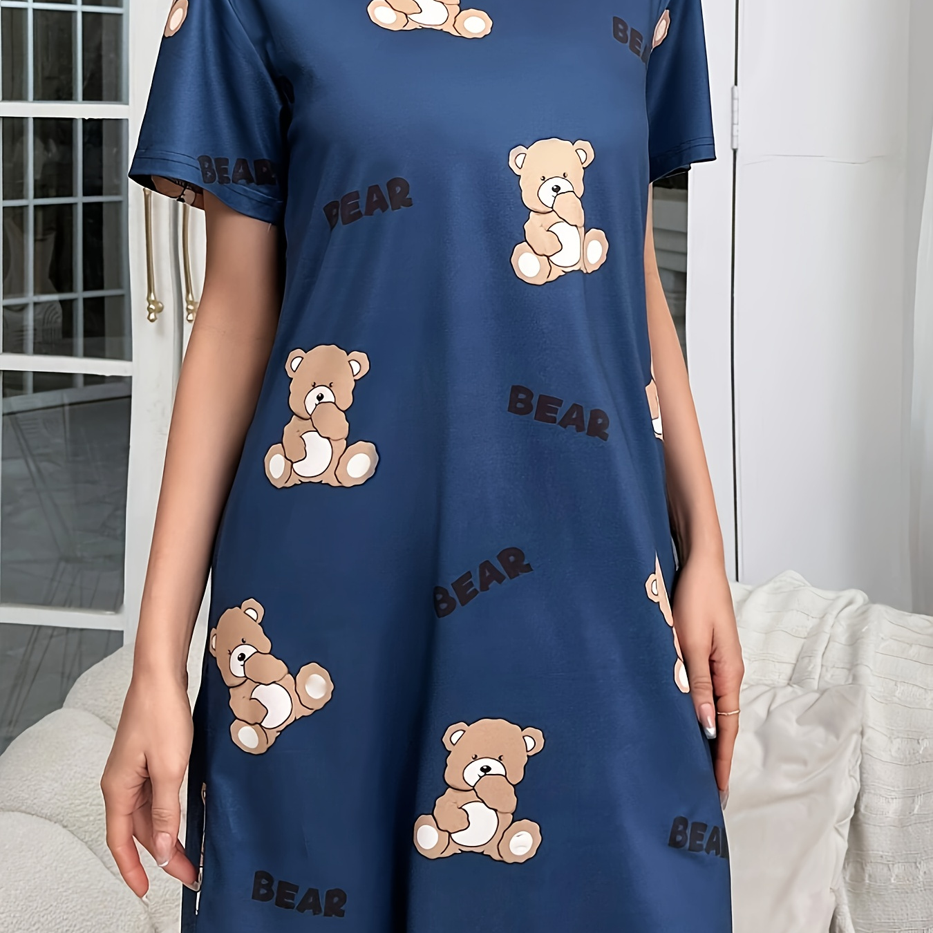 

Women's Cute Bear & Letter Print Sleepwear Dress, Short Sleeve Round Neck Loose Fit Dress, Comfortable Nightgown