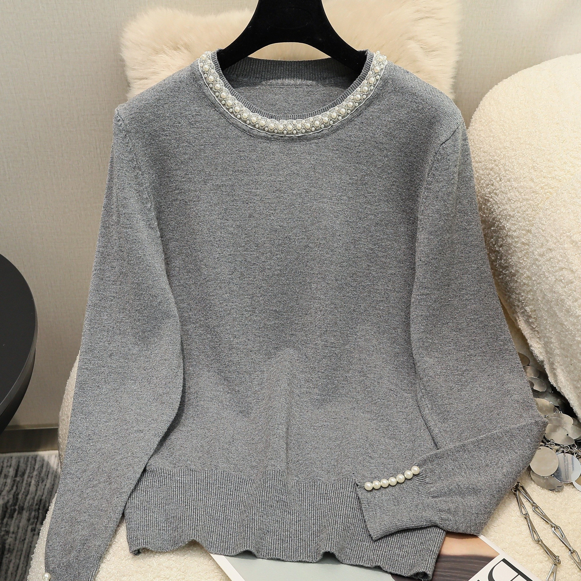 

1pc Women's Casual Beaded Crew Neck Sweater - Viscose Knit Long Sleeve Pullover With Pearl Detail, Solid Color, Comfort