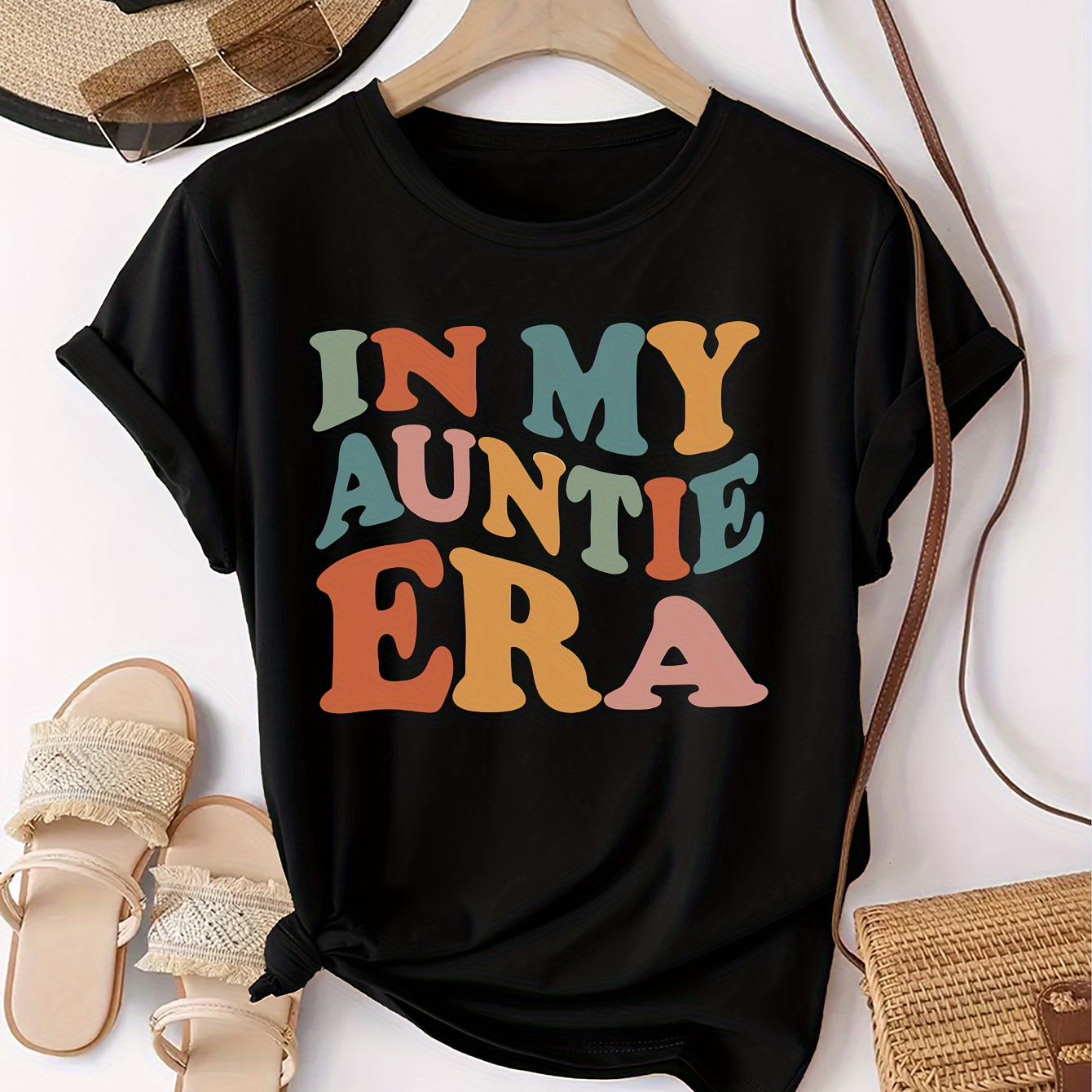 

In My Auntie Era Print T-shirt, Short Sleeve Crew Neck Casual Top For Summer & Spring, Women's Clothing