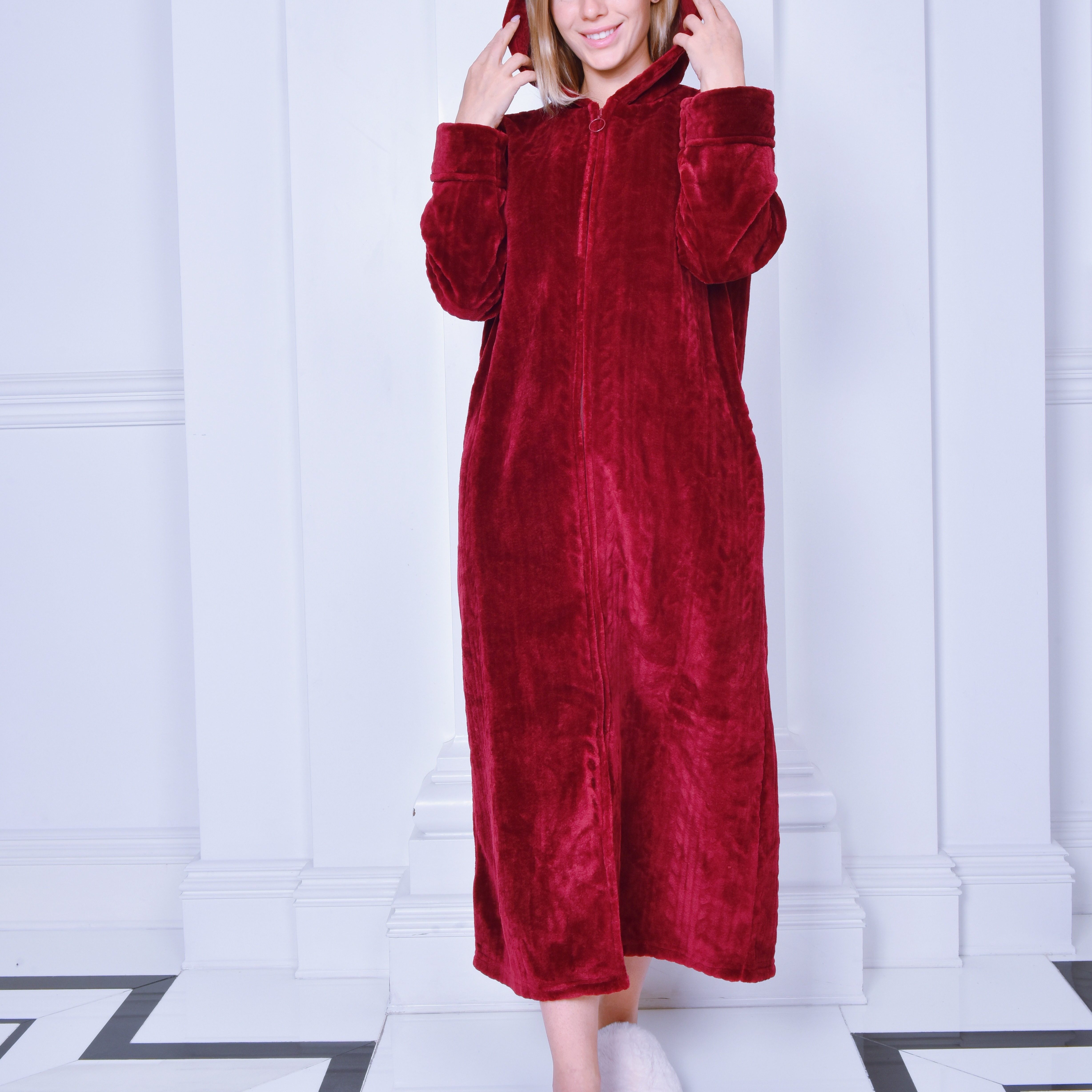 

Thickened Hooded Long Bathrobe For Women In And . In A Of , And Of And - Suede It And And Is Buying.