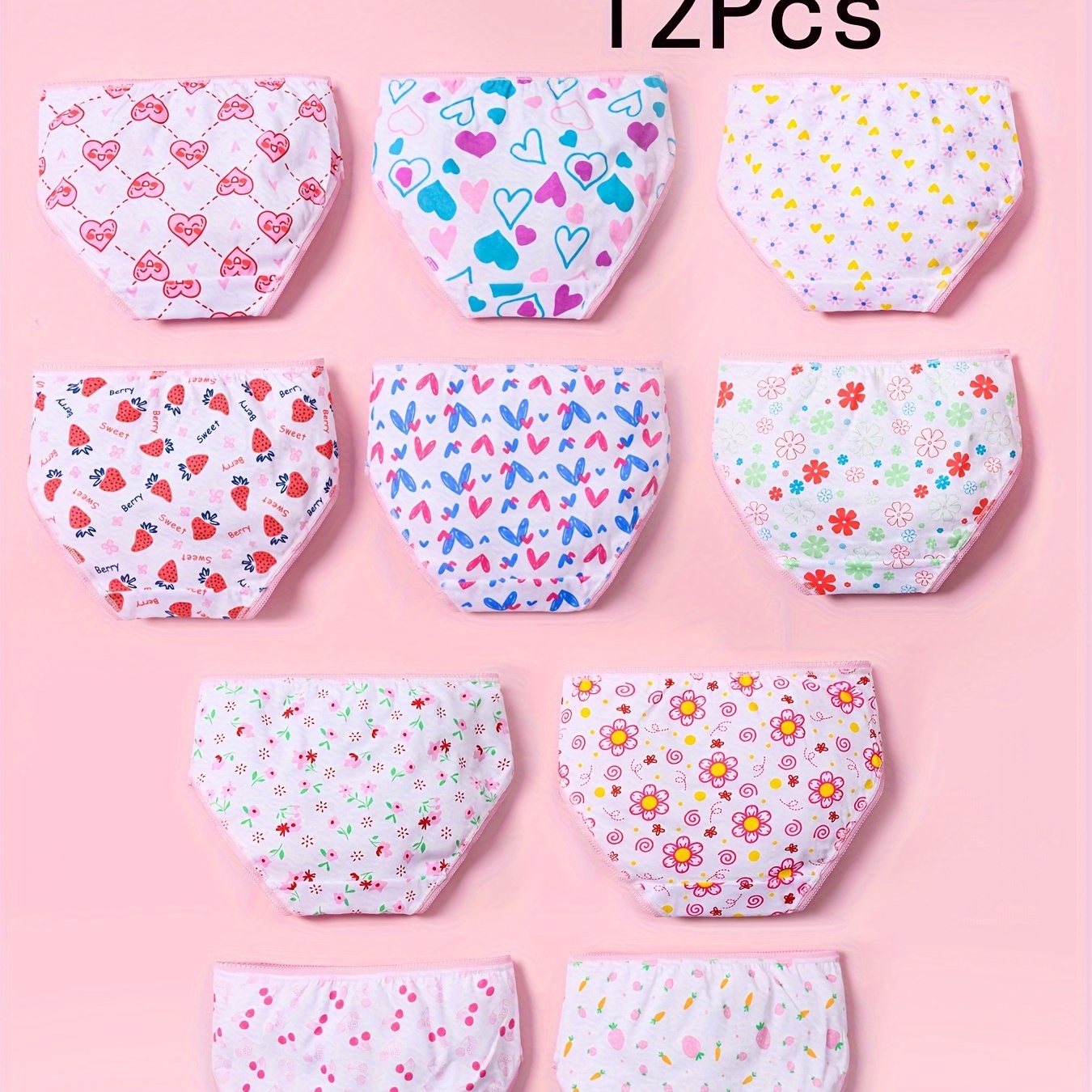 

12pcs Korean Style Girl's Cute Ditsy Flower Carrot Print Briefs, Comfortable Cotton Boxer Briefs For All Season Wearing