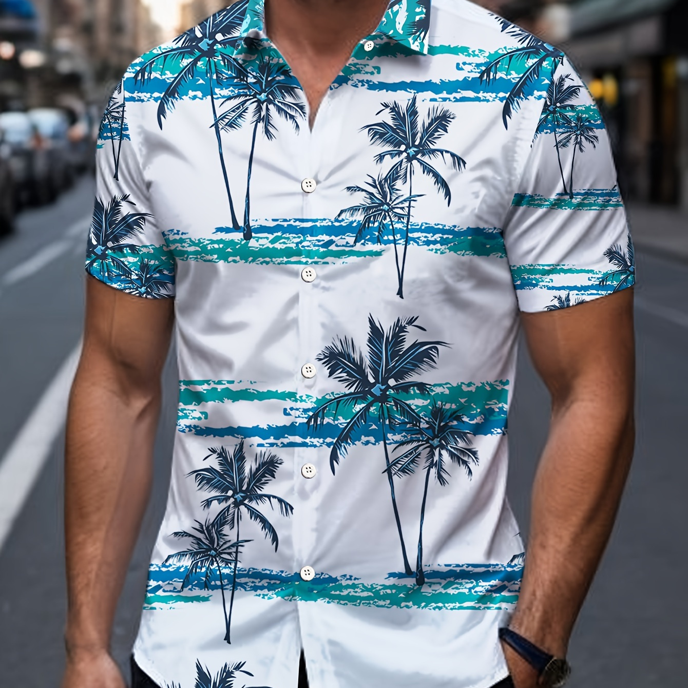 

Men's Trendy Hawaiian Lapel Collar Graphic Shirt With Stylish Palm Tree Print For Summer Vacation And Casual Wear