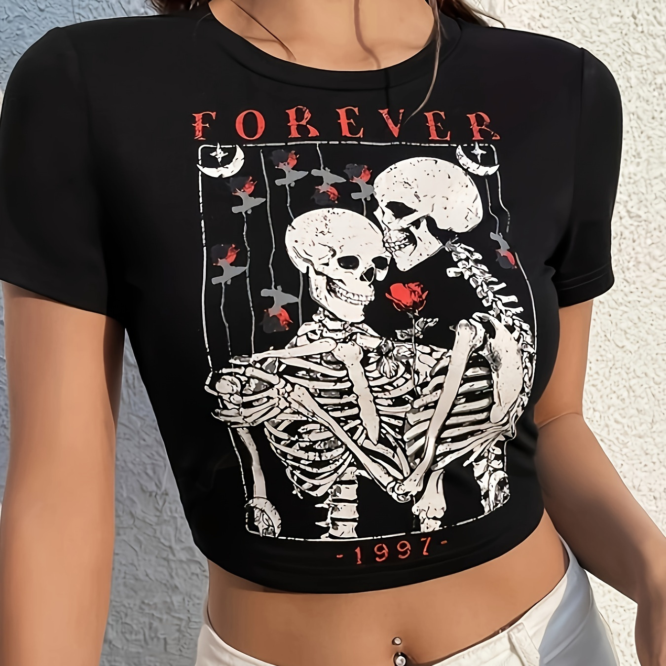 

Skeleton Print Crew Neck T-shirt, Y2k Short Sleeve Crop T-shirt For Spring & Summer, Women's Clothing