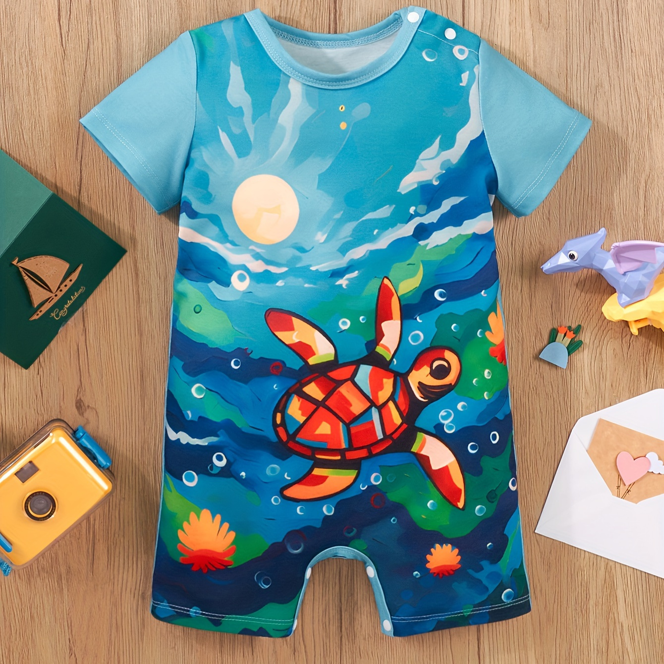 

Infant's Colorful Turtle Print Bodysuit, Comfy Short Sleeve Onesie, Baby Boy's Clothing, As Gift