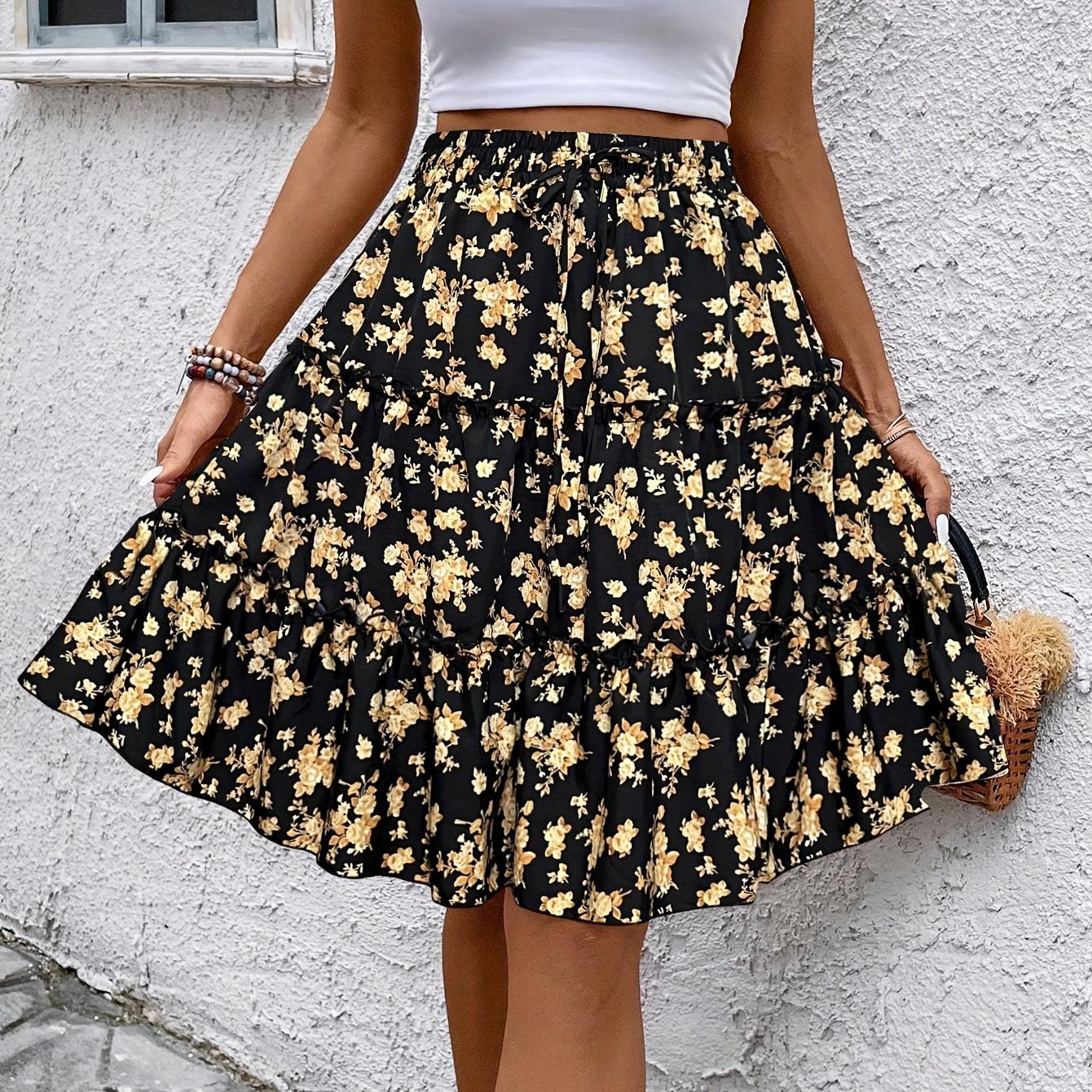 

Floral Print Elastic Waist Skirt, Casual A-line Tiered Skirt For Spring & Summer, Women's Clothing