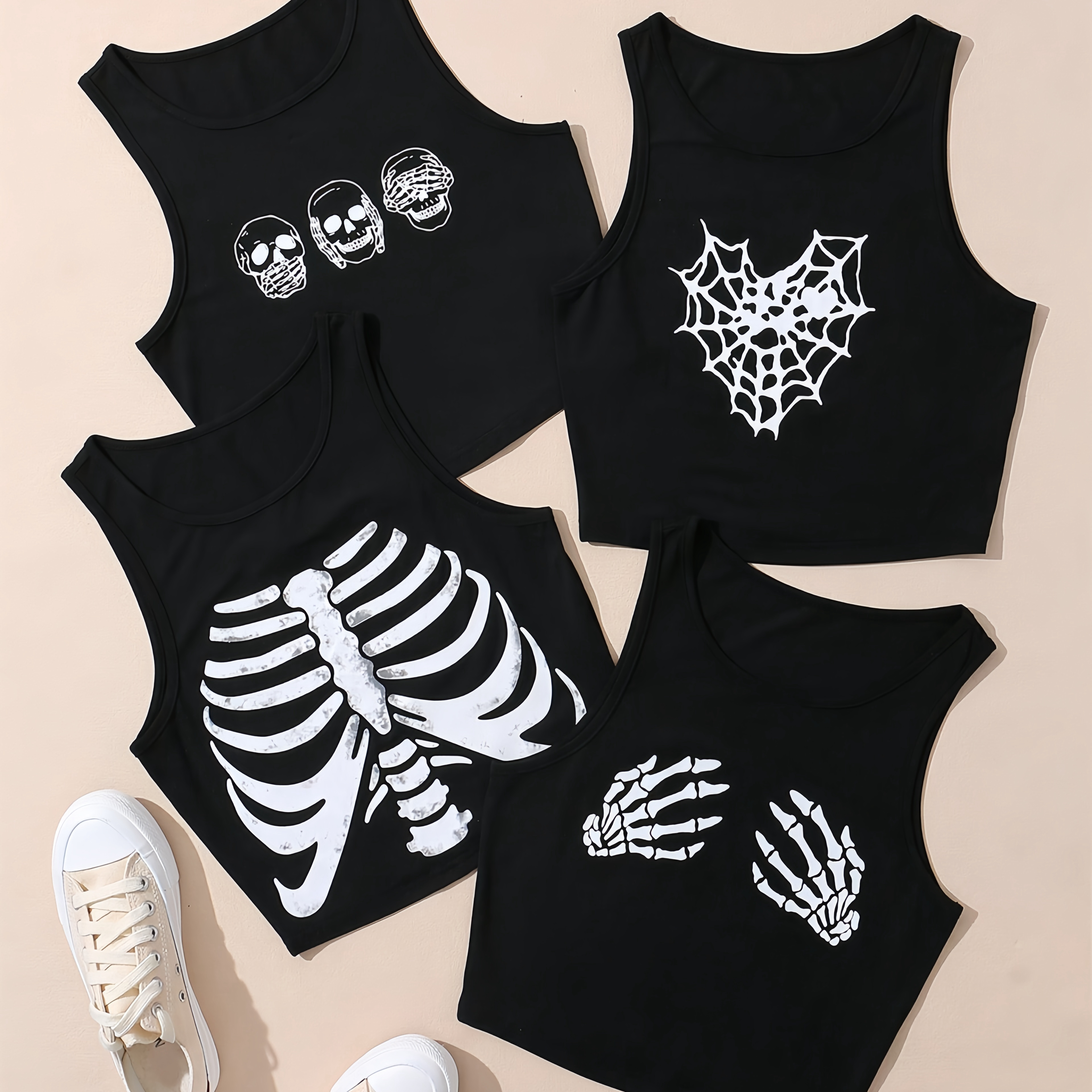 

Y2k-inspired 4pcs Skull & Spider Web Print Tank Top Set For Women - Sleeveless, Stretchy Polyester , Machine Washable, Summer, Tank Top