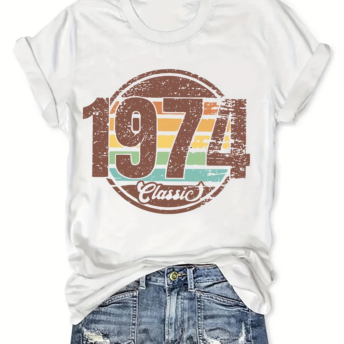 

Classic 1974 Print T-shirt, Short Sleeve Crew Neck Casual Top For Summer & Spring, Women's Clothing