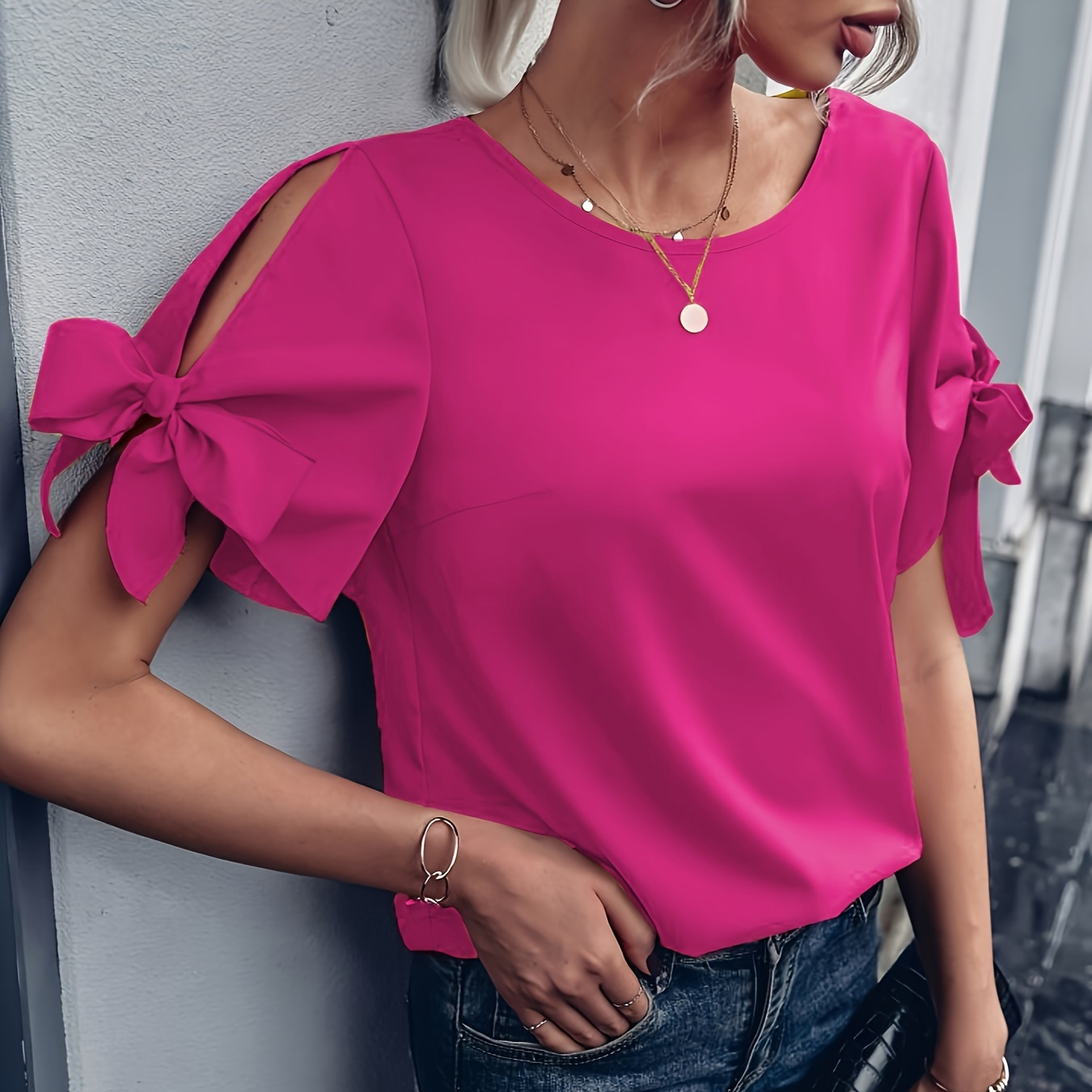 

Solid Color Crew Neck Blouse, Elegant Bow Decor Blouse For , Women's Clothing