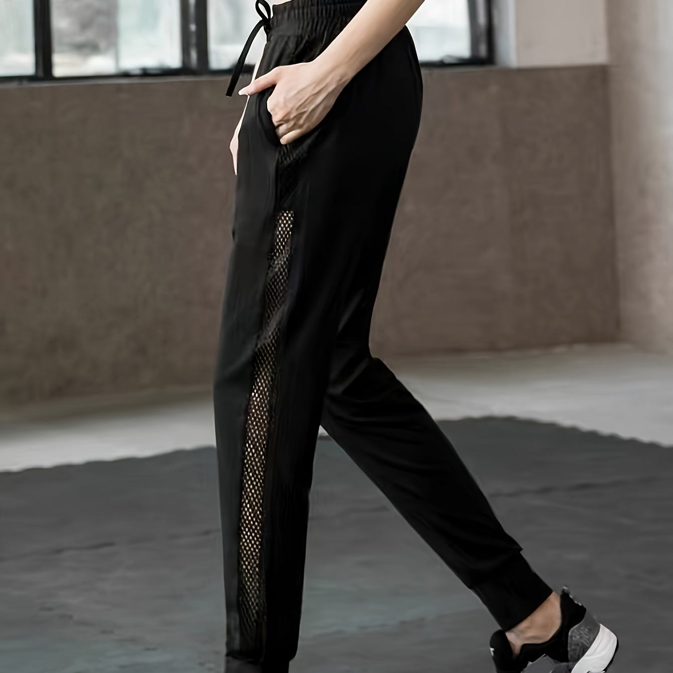 

Mesh Stitching Jogger Pants, Casual Drawstring Waist Slim Pants With Pocket, Women's Clothing