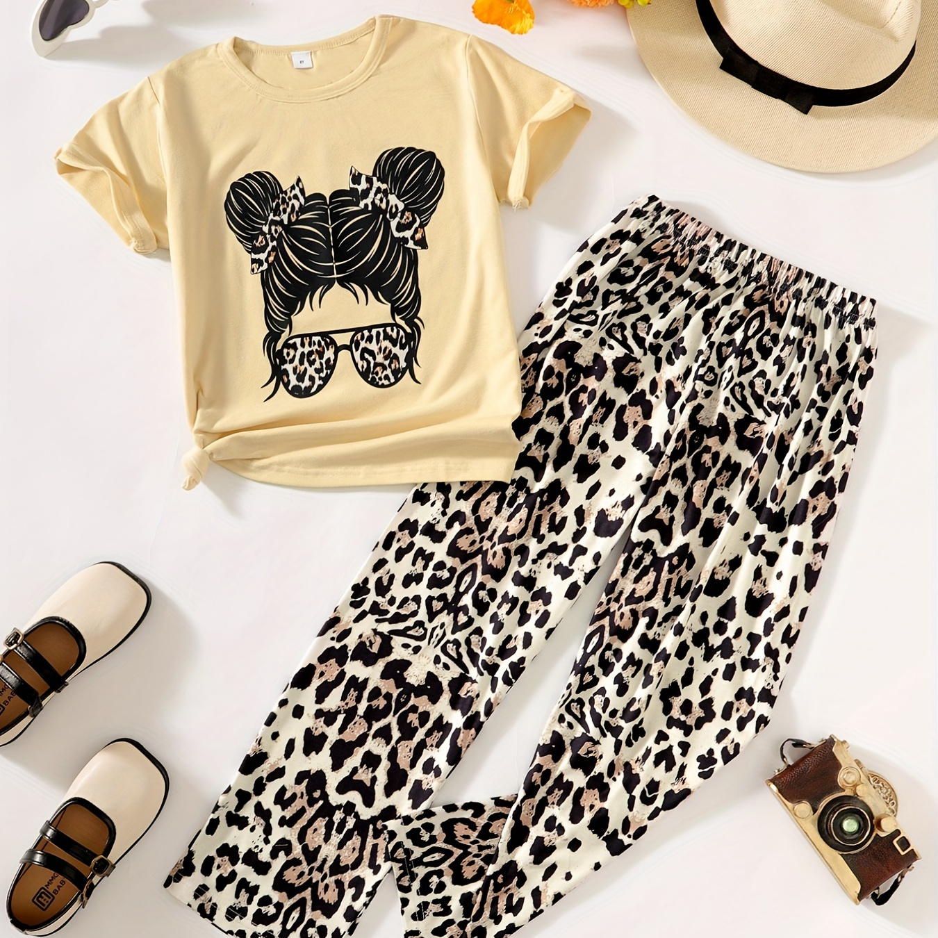 

2 Pcs Girls' Cute Girl Portrait Graphic Tee & Casual Animal Print Pants Set For Daily Outwear, Kids Clothes For Summer