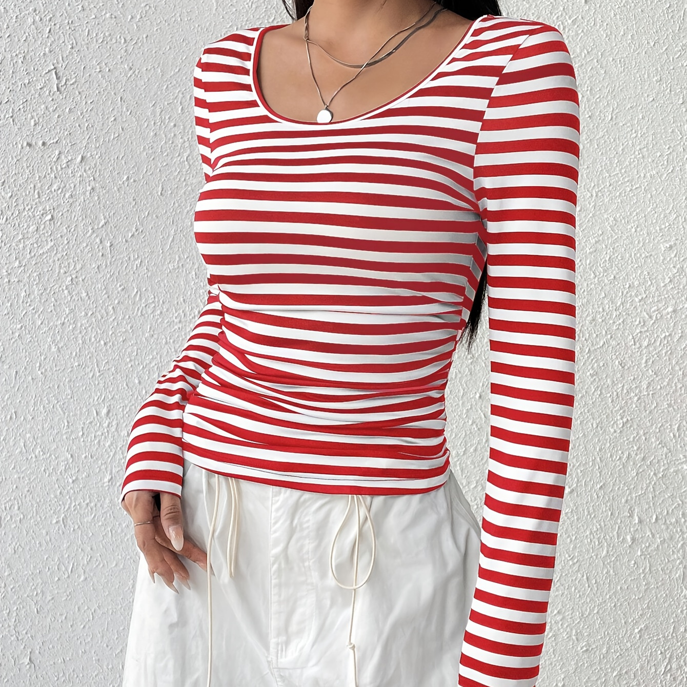 

Striped Print Long Sleeve T-shirt, Casual Crew Neck Top For Spring & Fall, Women's Clothing