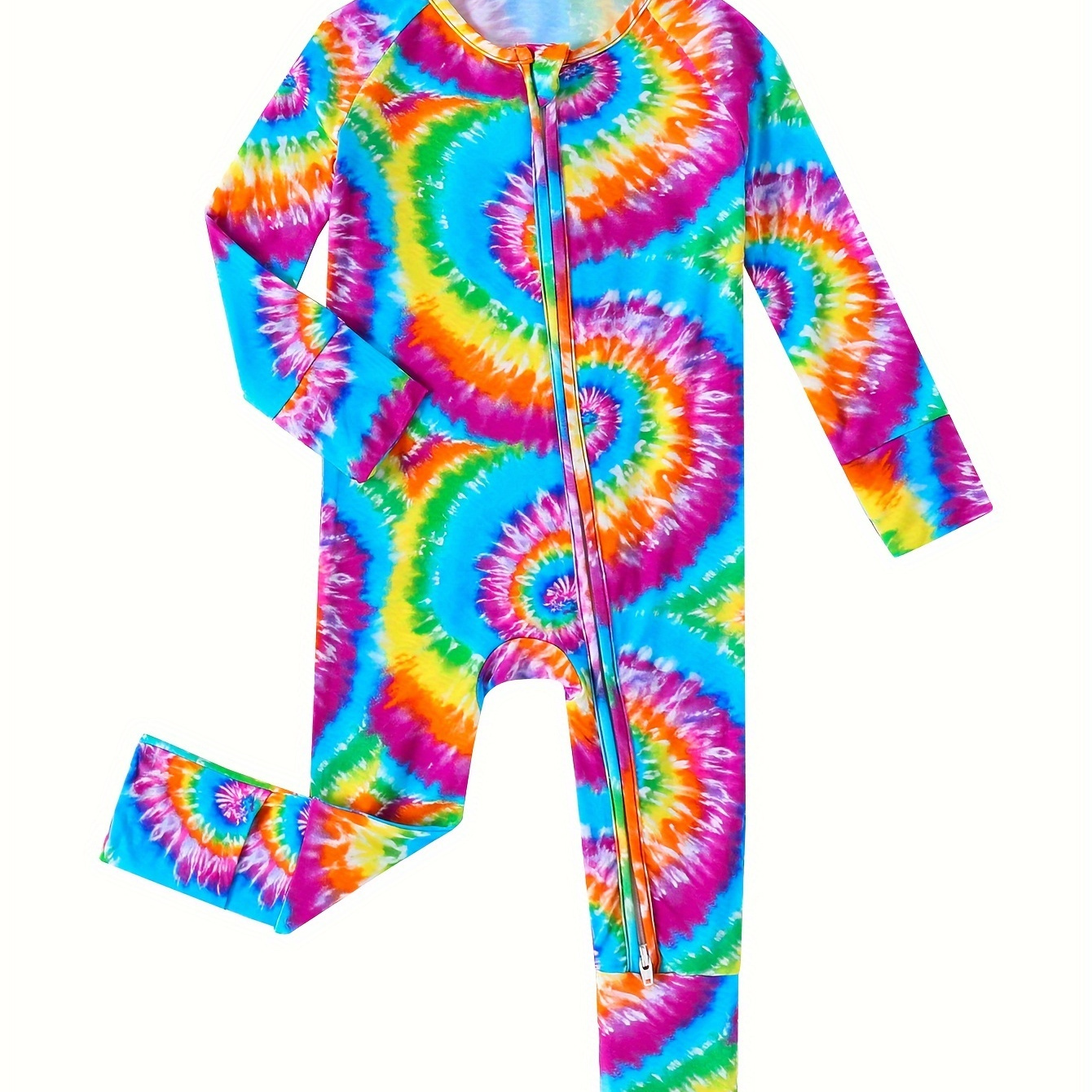 

Baby's Colorful Tie-dye Bamboo Fiber Bodysuit With Foot Cover, Casual Comfy Long Sleeve Romper, Toddler & Infant Girl's Onesie, As Gift
