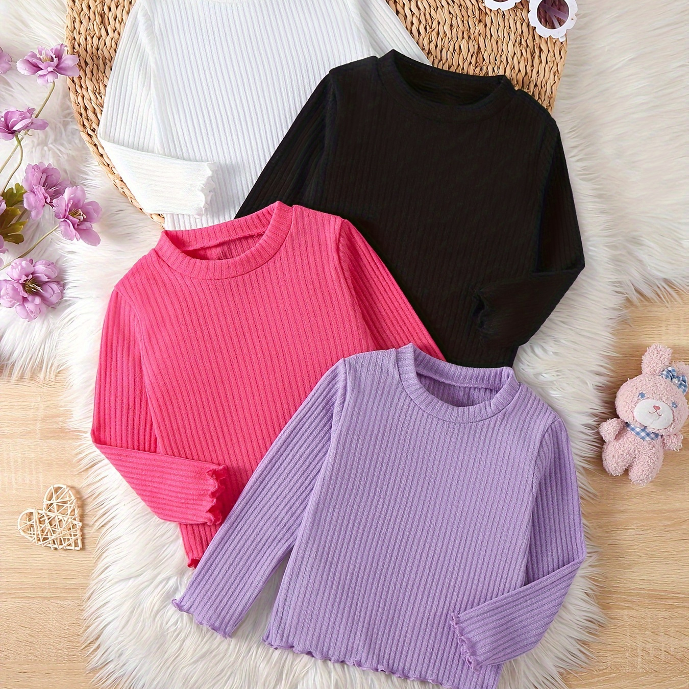 

4pcs Ribbed Pullovers , Sweet Long Sleeve Fall/ Clothing