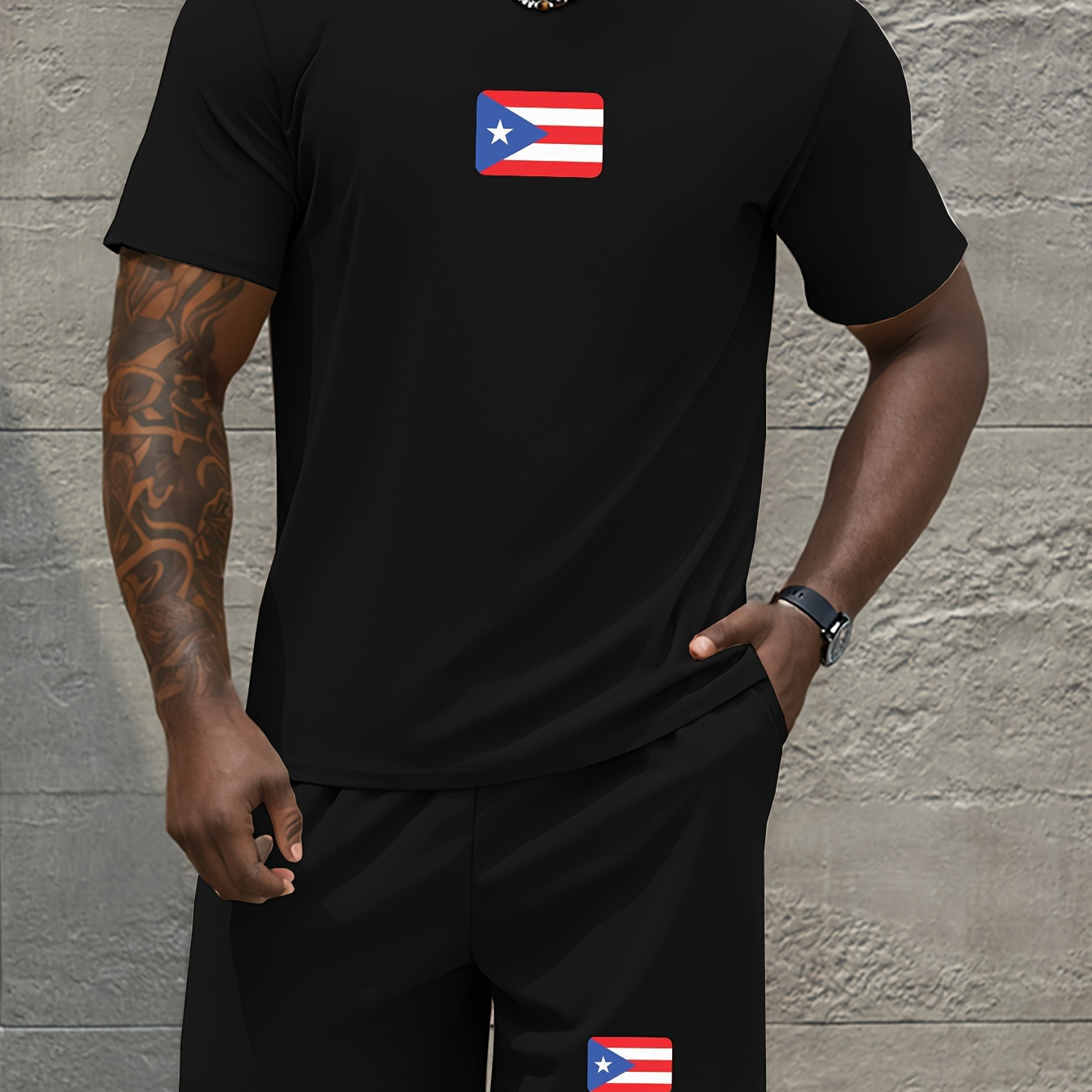 

Puerto Flag-inspired Men's Casual Waffle Knit Outfit - Comfy Polyester T-shirt & Shorts Set With Pockets, Machine Washable