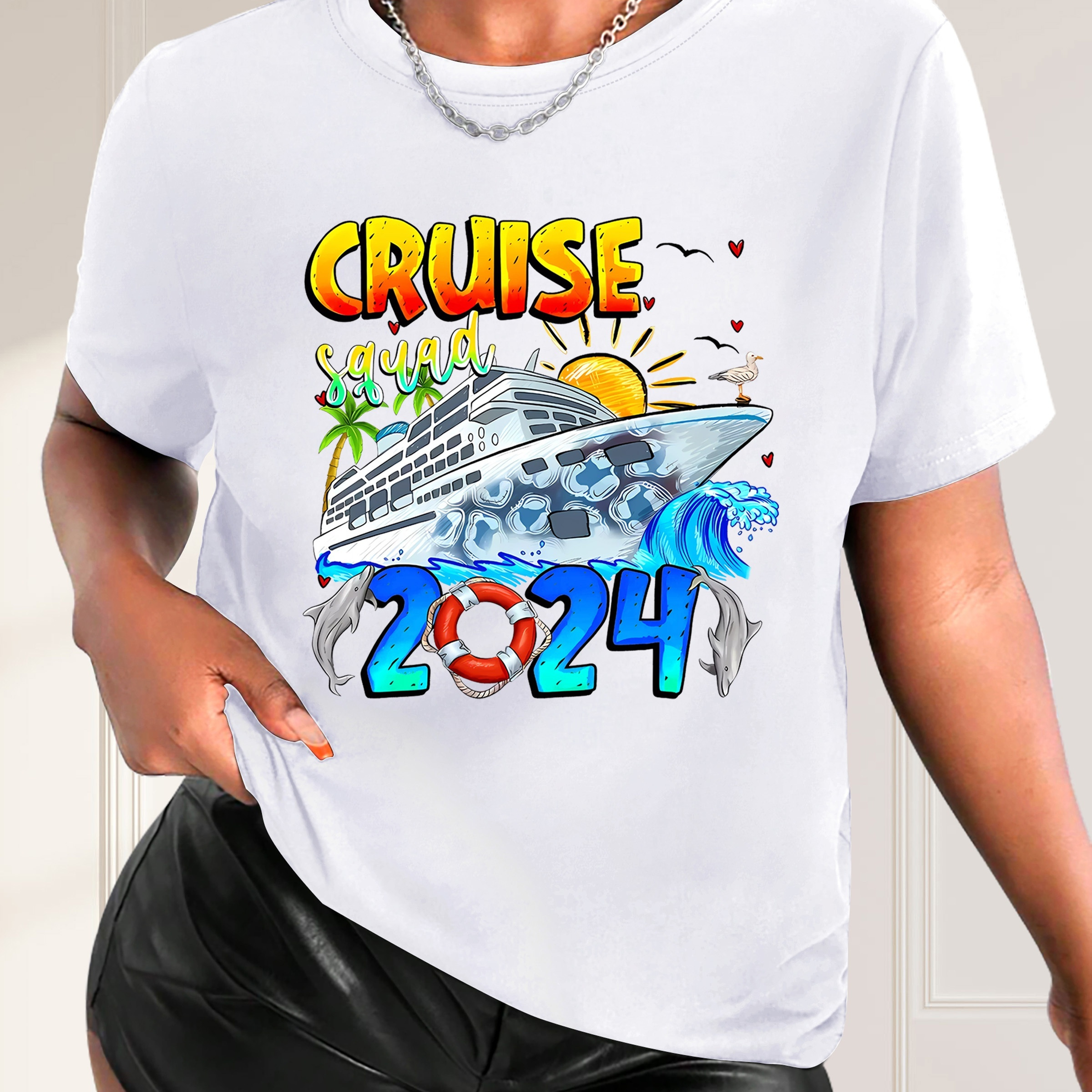 

2024 Cruise Boat Sea Graphic Short Sleeves Sports Tee, Round Neck Workout Causal T-shirt Top, Women's Activewear