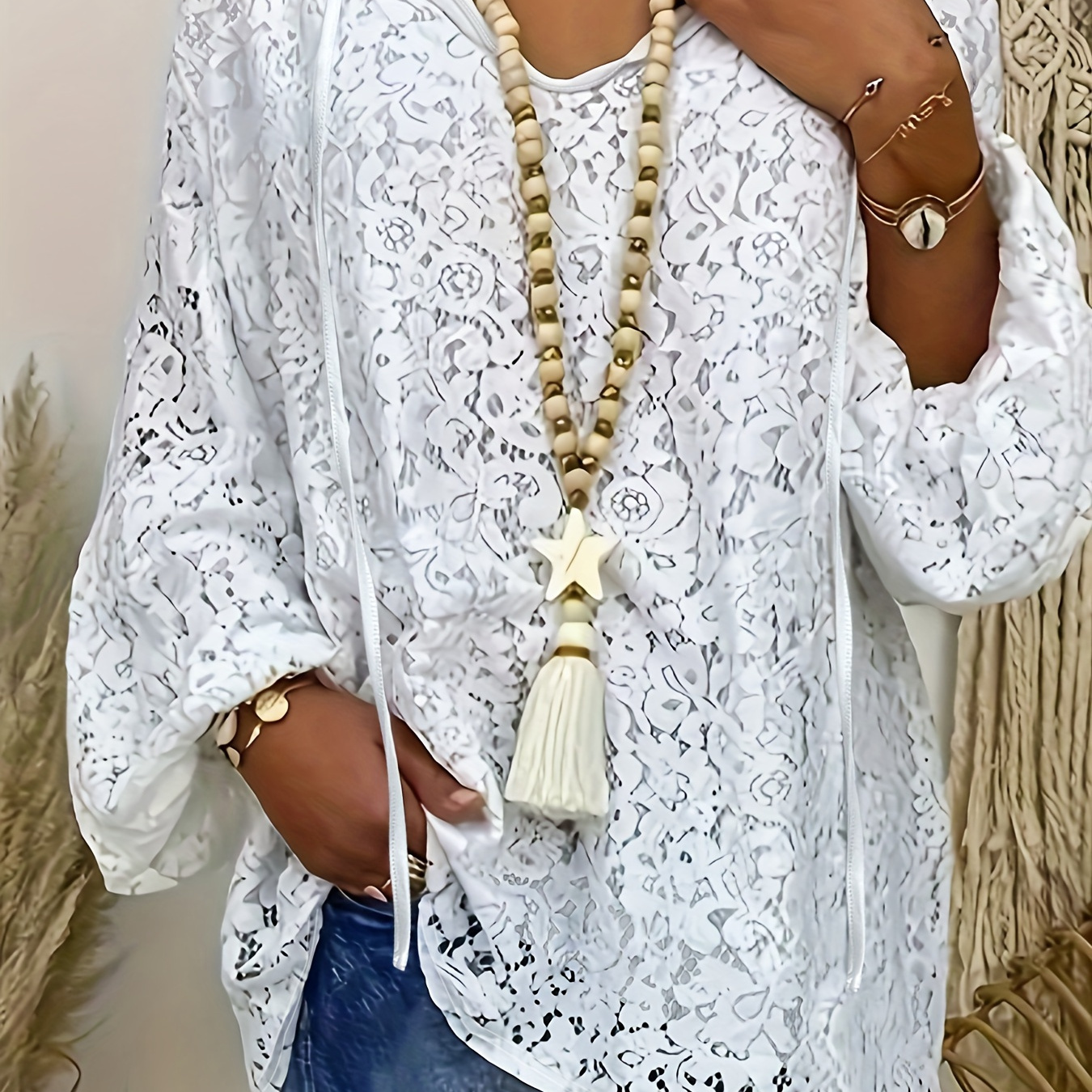 

Size White Lace V-neck Top - Long Sleeve, Loose Pullover For Women, For Autumn