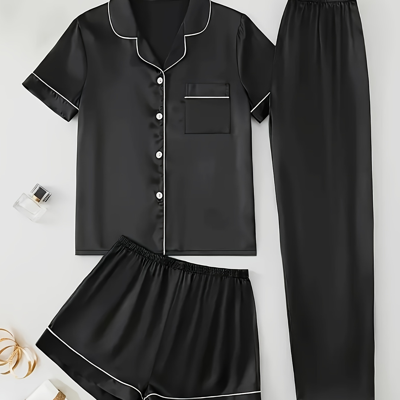 

Women's Mature Solid Satin Pajama Set, Short Sleeve Buttons Lapel Top & Shorts & Pants, Comfortable Relaxed Fit