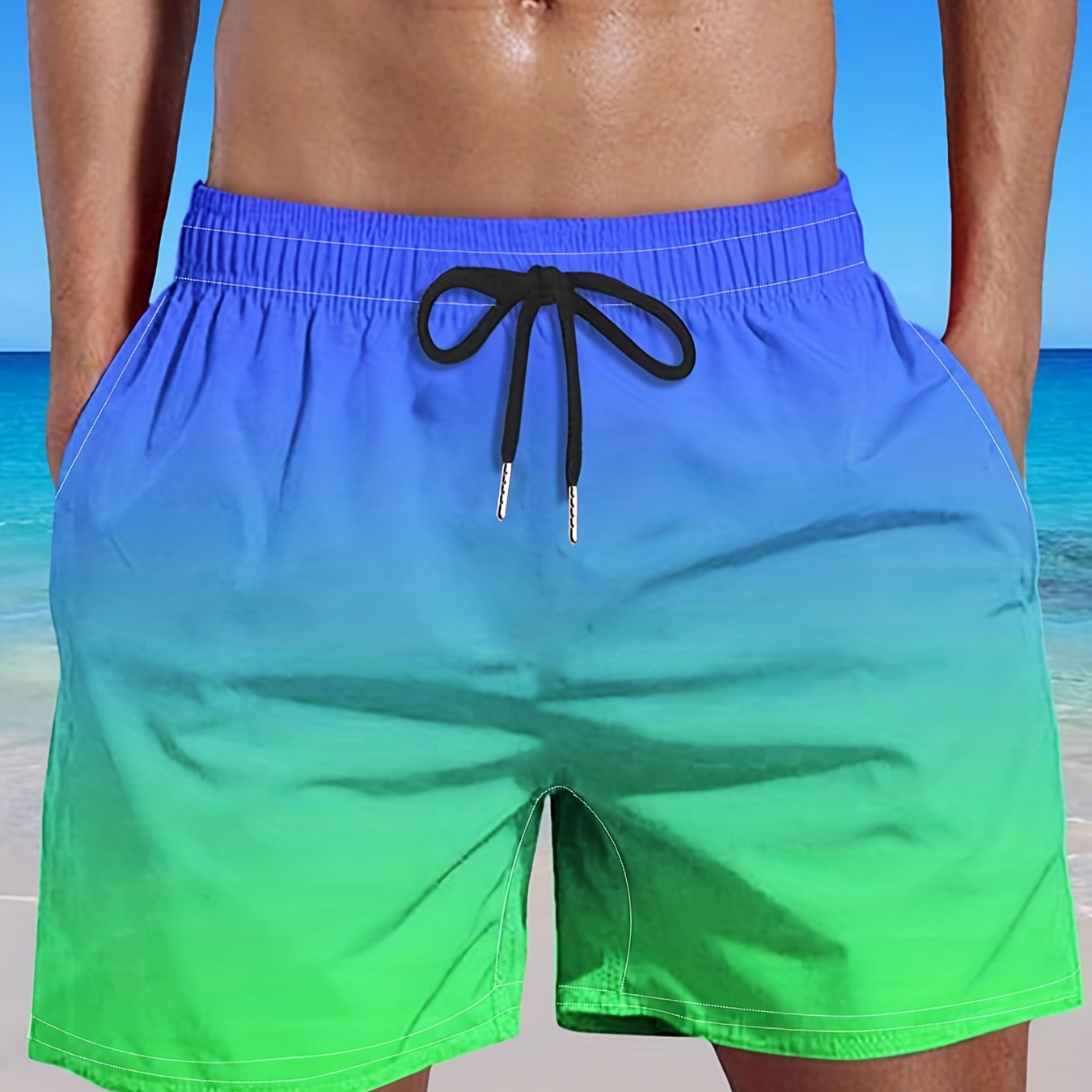 Men's Plus Size Gradient Color Shorts Beach Pants Holiday Shorts, Elastic Drawstring Sports Short Pants