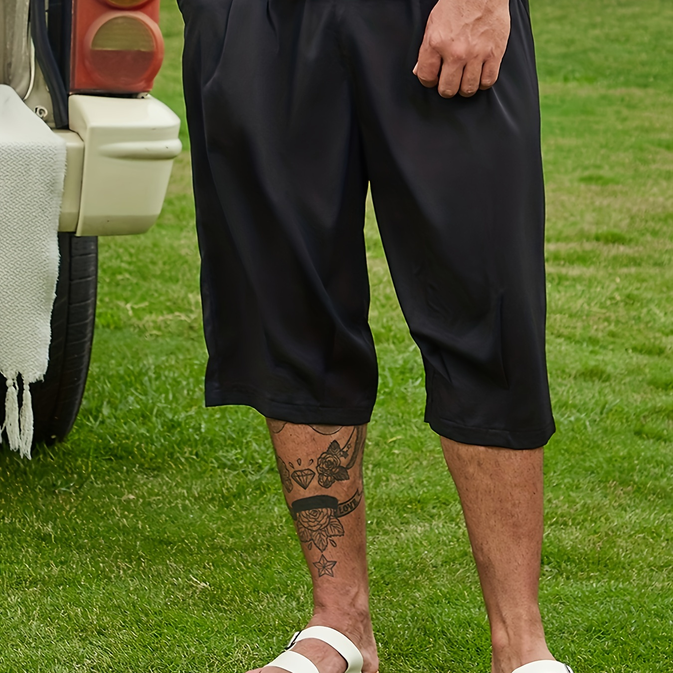 

Plus Size Men's Solid Capri Pants For Summer, Loose Fit Breathable Shorts