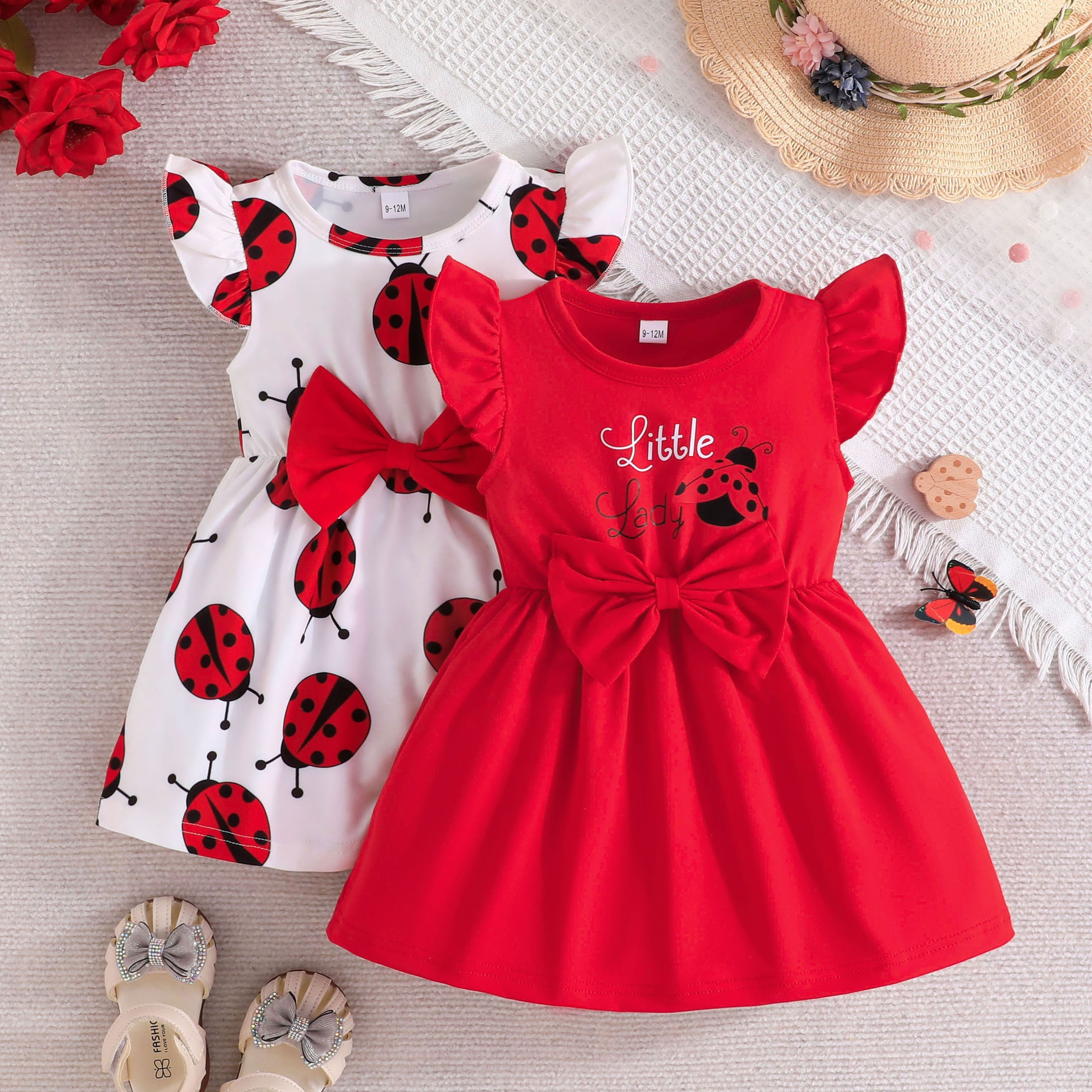 

2pcs Baby's Cartoon Ladybug Pattern Dress, Casual Cap Sleeve Dress, Infant & Toddler Girl's Clothing For Summer/spring, As Gift