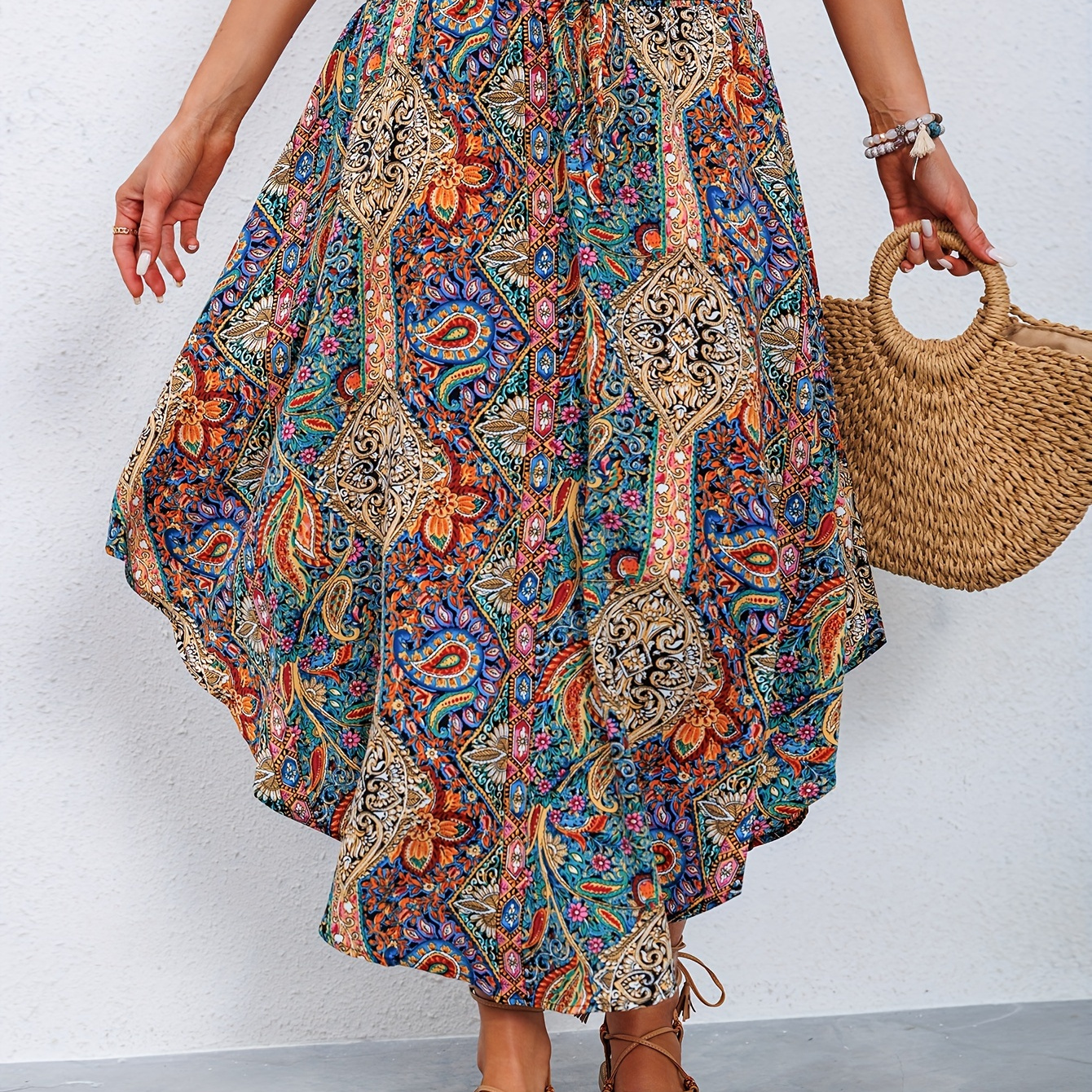 

New Summer Women' Printed High Waist Pleated Casual Curved Hem Skirt