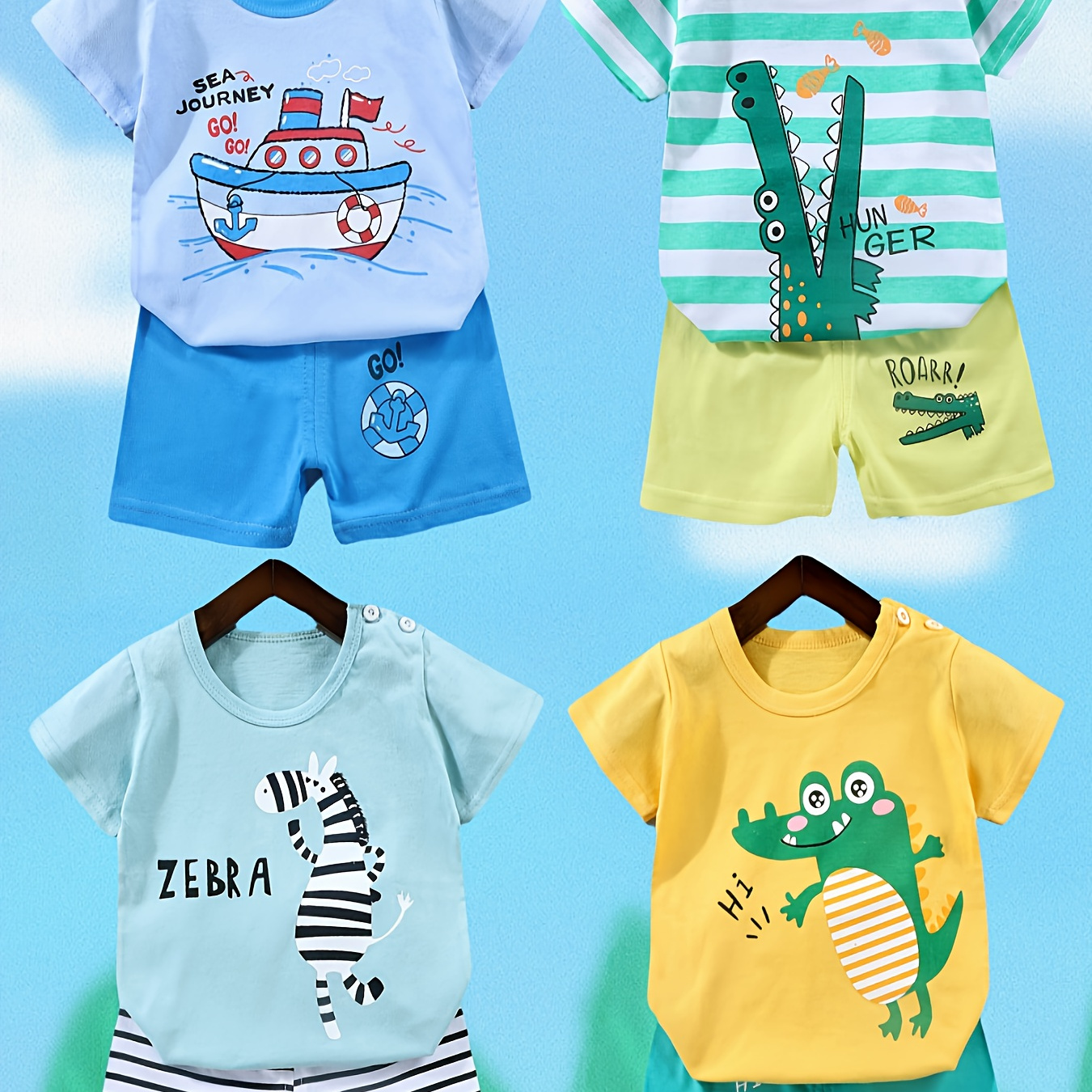 

4 Sets Boys Summer Suit Short Sleeved Shorts Set, Personalized And Fashionable Dinosaur Crocodile Animal Pattern Print Set, Comfortable, Soft And Breathable, The Best Gift For Children In Summer
