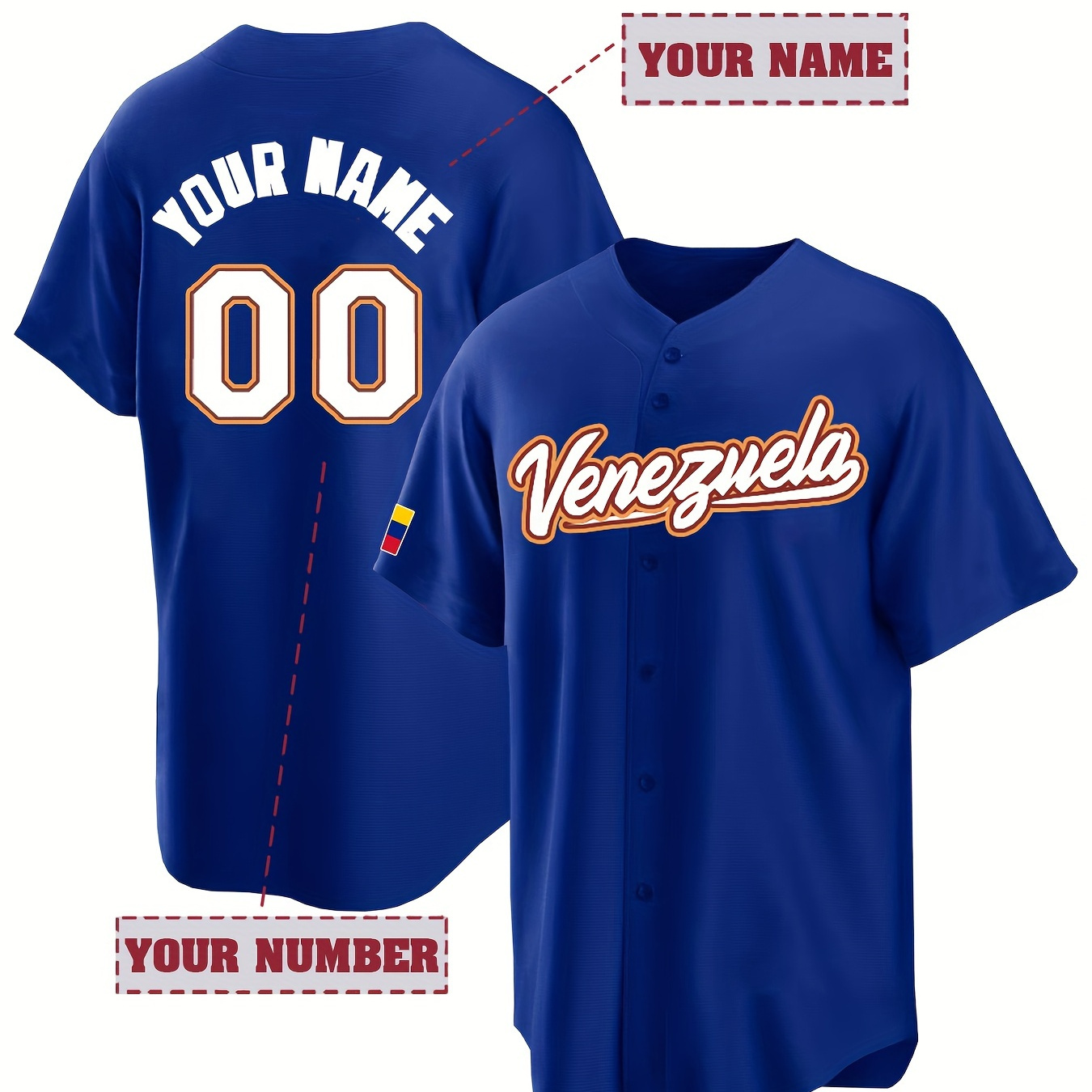 

Customized Name And Number Design, Men's Venezuela Embroidery Design Short Sleeve Loose Breathable V-neck Baseball Jersey, Sports Shirt For Team Training