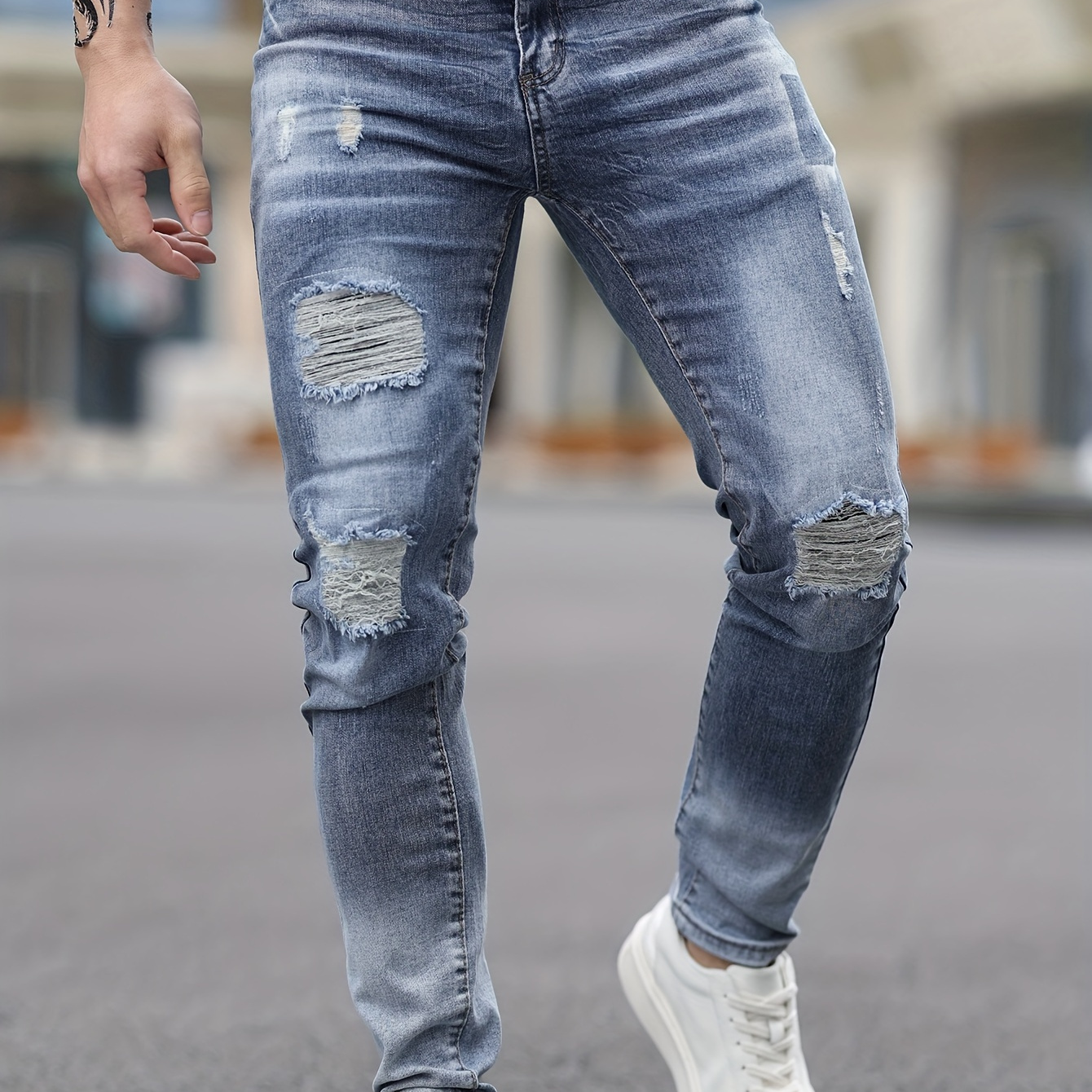 

Men's Fashion Ripped Jeans, Stretch Denim Comfort Fit Casual Pants, Streetwear Style, Washed Blue Distressed Trousers For Men