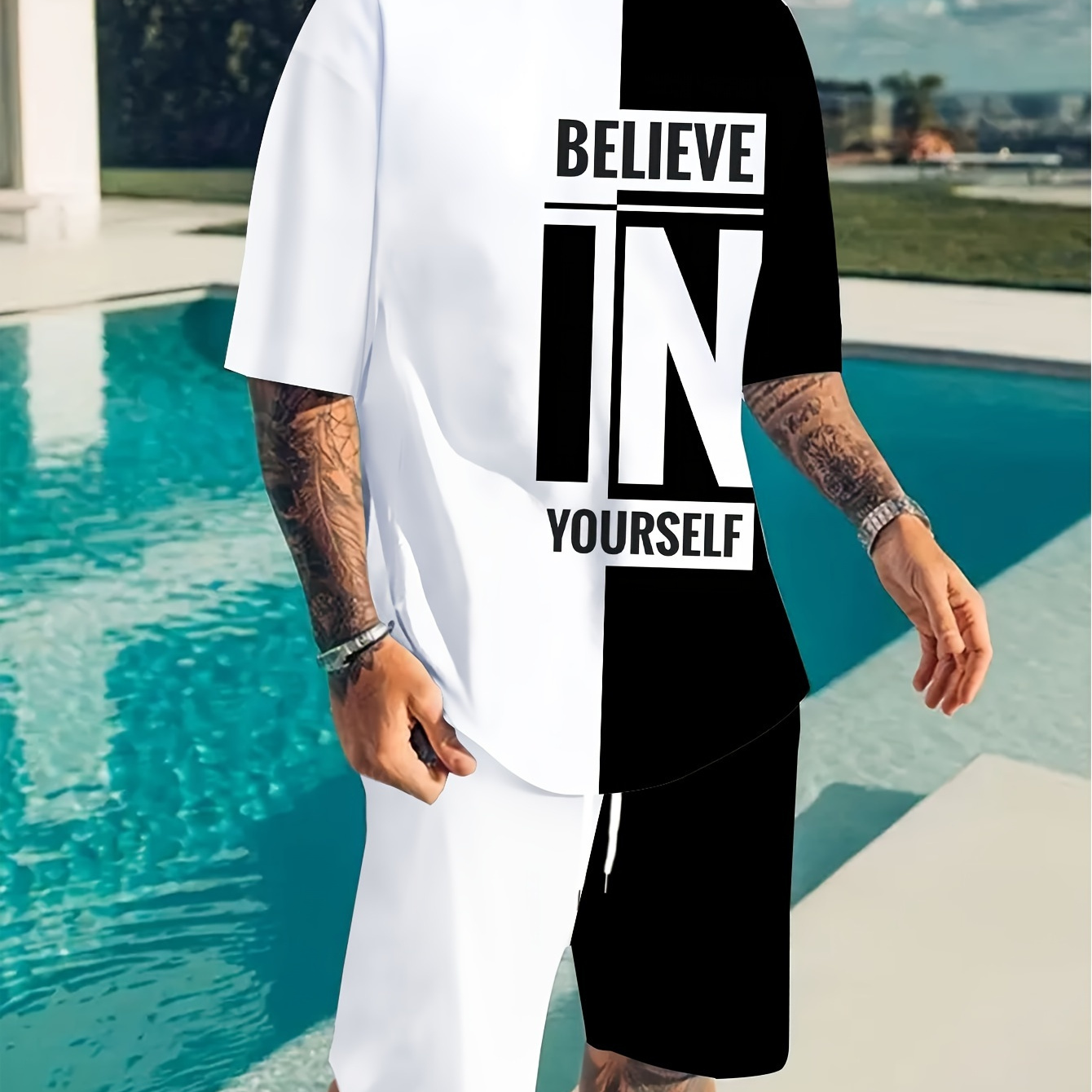 

Plus Size Men's "believe In Yourself" Graphic Print T-shirt & Shorts Co Ord Set For Summer, Outdoor Sports 2pcs Outfits