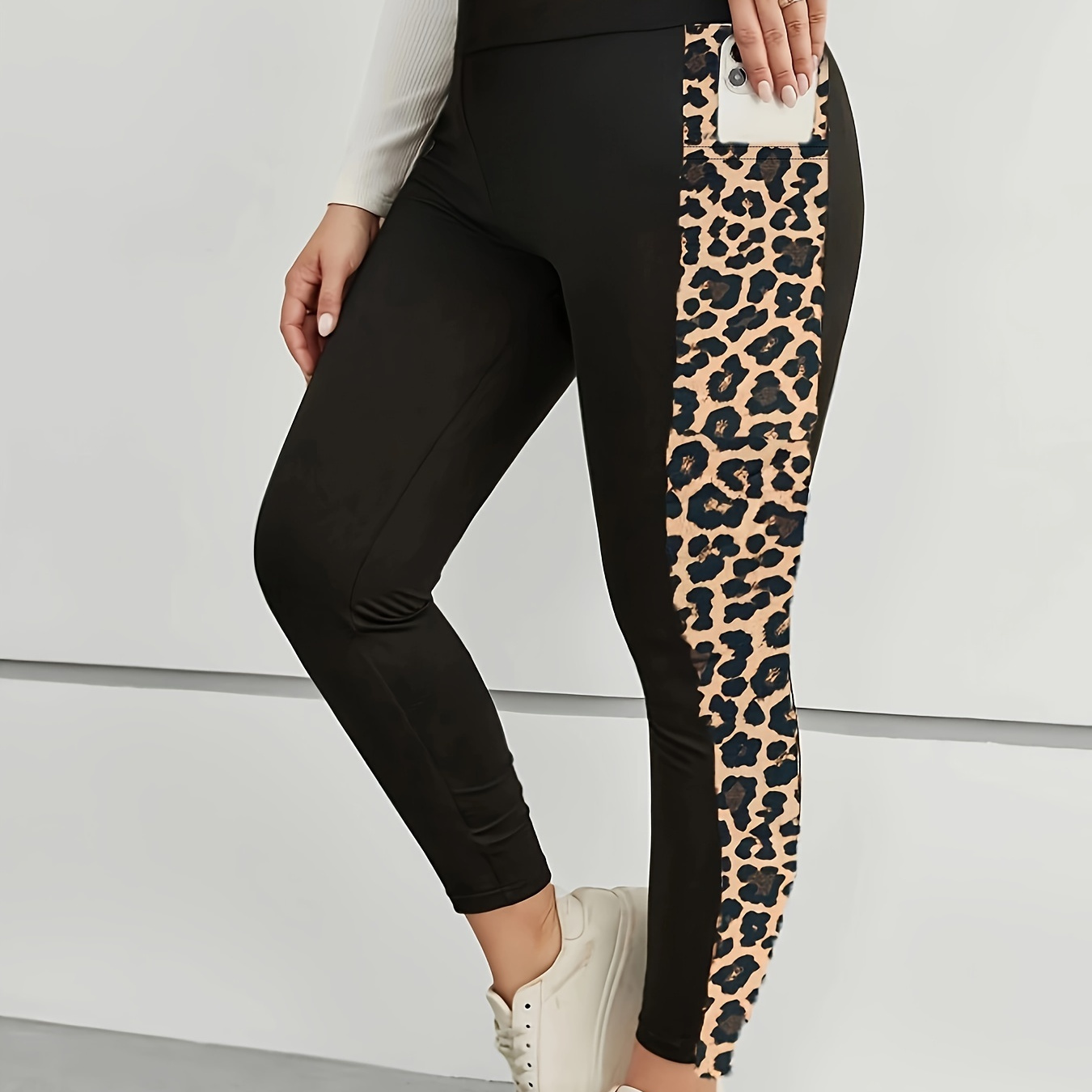 

Pantalon de Loisirs Grande Taille à Imprimé Léopard avec Ceinture Large, Haute Élasticité et Super pour Yoga et Course avec Poche pour Téléphone Portable