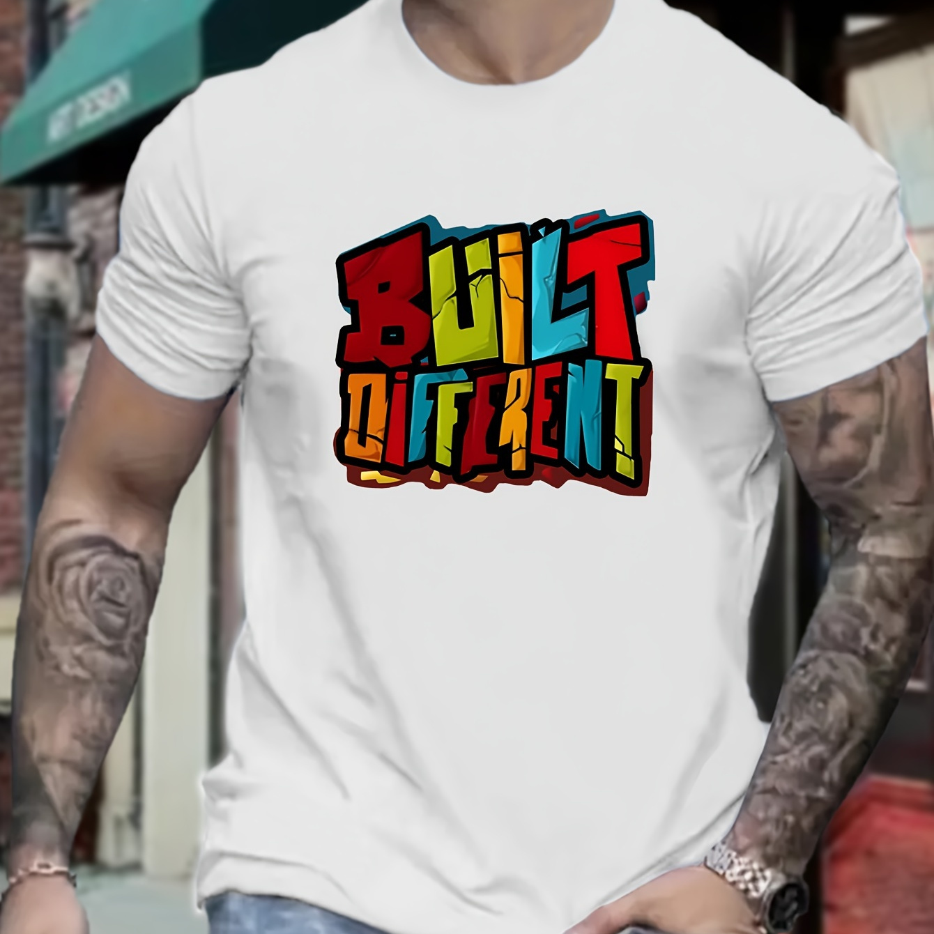 

Men's Fashion Casual Street Style T-shirt, "built Different" Graphic Print, Round Neck Short Sleeve, Plus Size Loose Fit Top