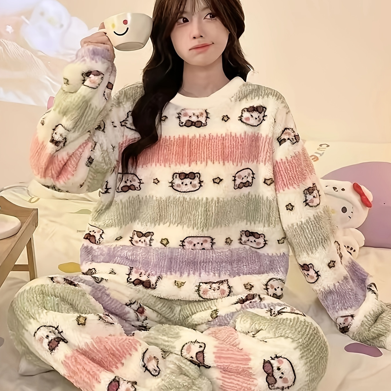 

[2pcs Cute Print Pajama Set] 2pcs Women's Pajama Set, Cute Print With Rainbow Stripes, Casual Crew Neck Long Sleeve Top And Pants, Polyester Knit Fabric, For Fall/winter Loungewear