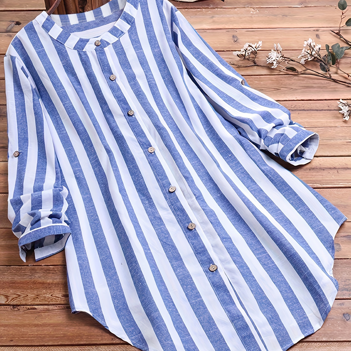 

Striped Button Front Shirt, Casual Long Sleeve Curved Hem Shirt, Women's Clothing