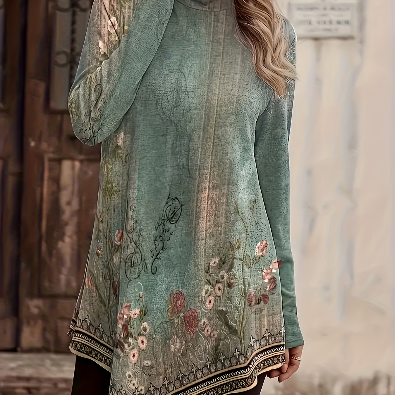 

Ethnic Floral Print Tunics, Vintage High Neck Long Sleeve Tunic Tops, Women's Clothing