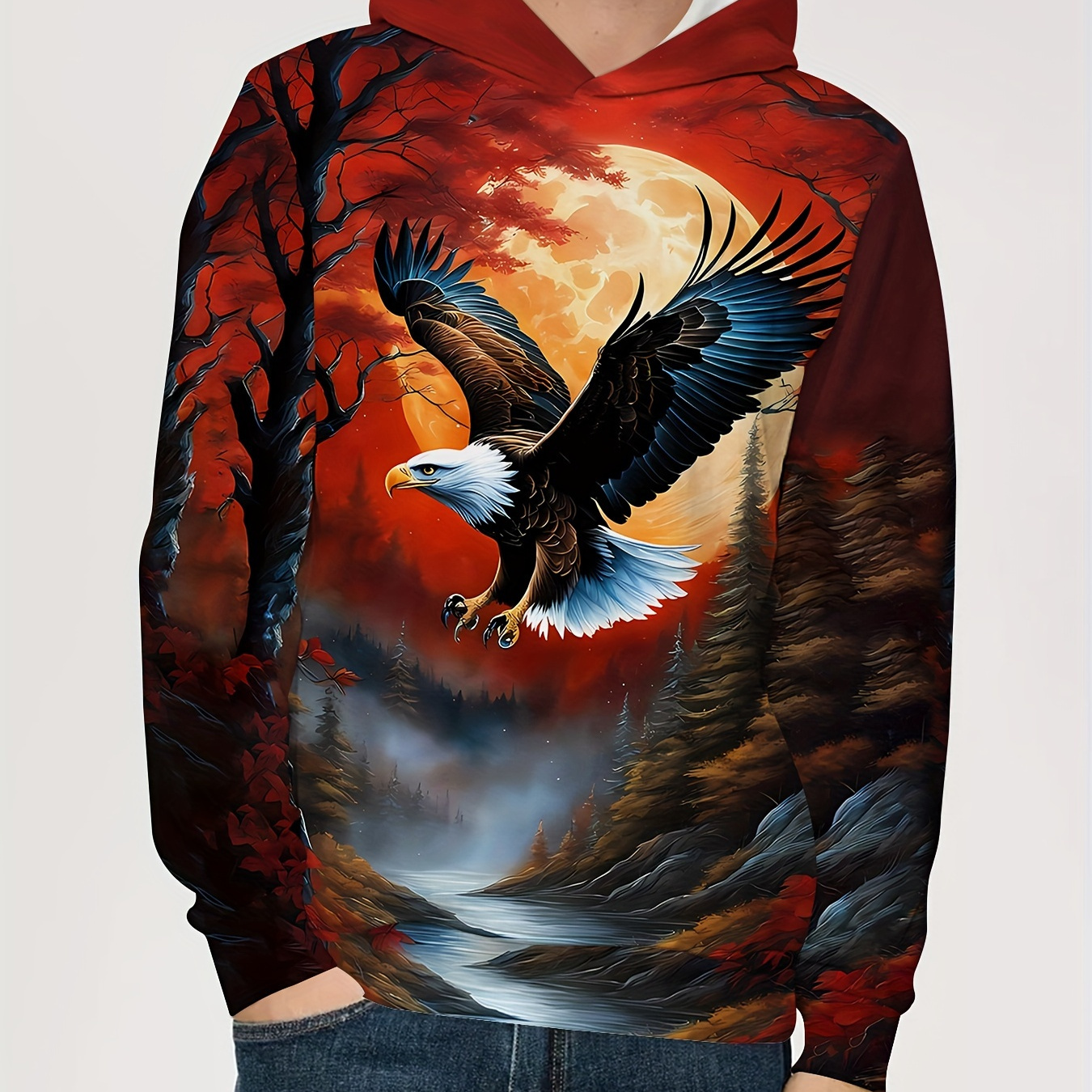 

Men's Eagle & Sun Graphic Hooded Sweatshirt, Casual Trendy Long Sleeve Sports Top As Gift