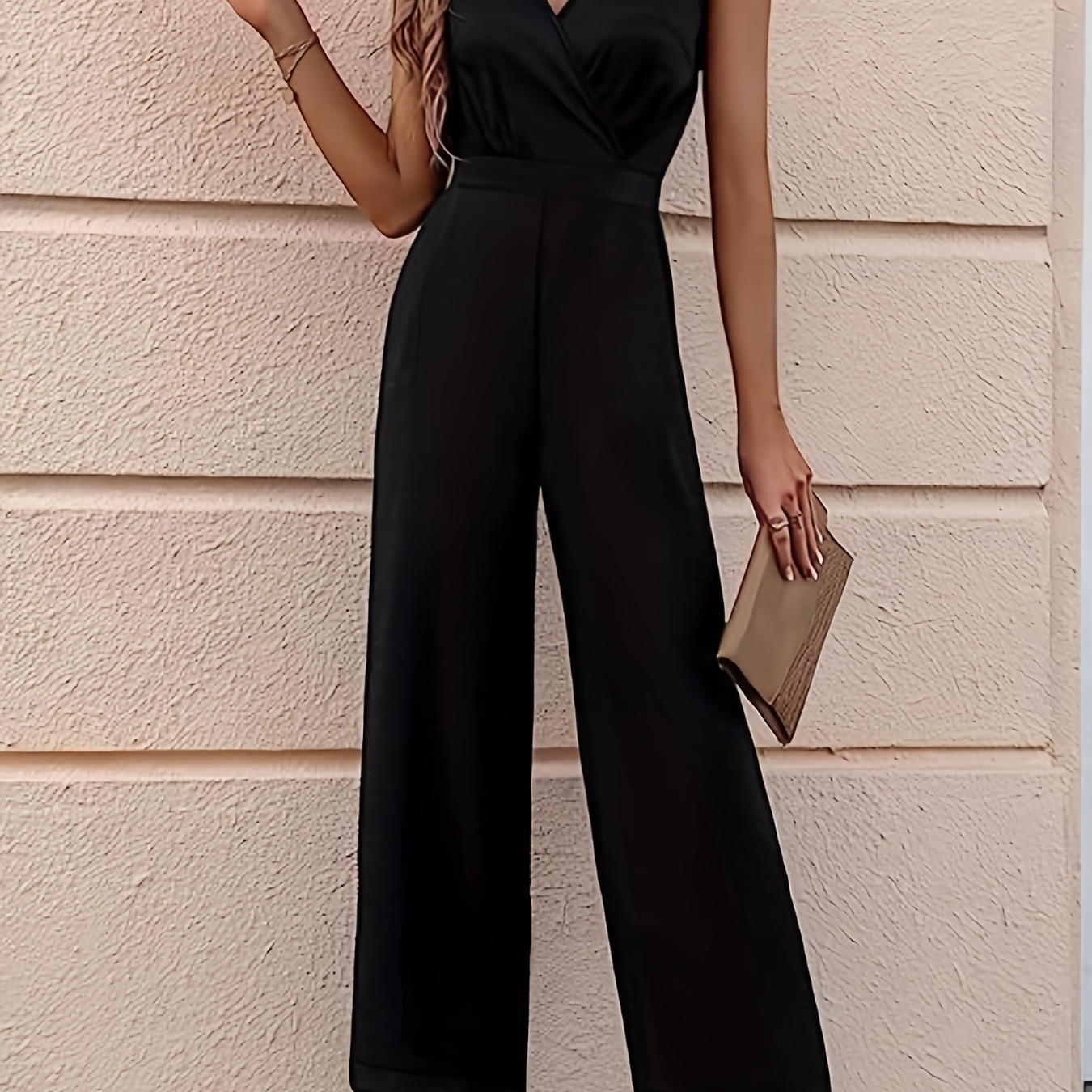 

Plus Size Casual Jumpsuit, Women's Plus Solid Surplice Neck Workwear Wide Leg Jumpsuit