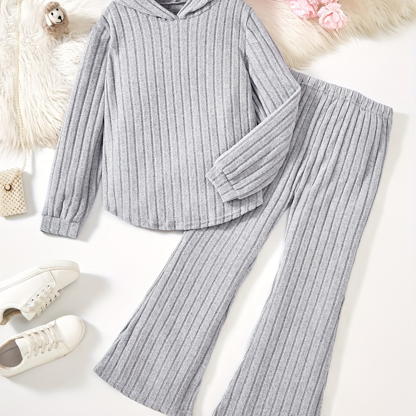 

Chic, Girls' And Teenagers' Spring And Autumn Striped Comfortable Warm Fleece Hoodie With A Floating Hem, Cuffs, Long Sleeves, With Stylish Flared Slim-fit Pants, For Outdoor, Outdoor