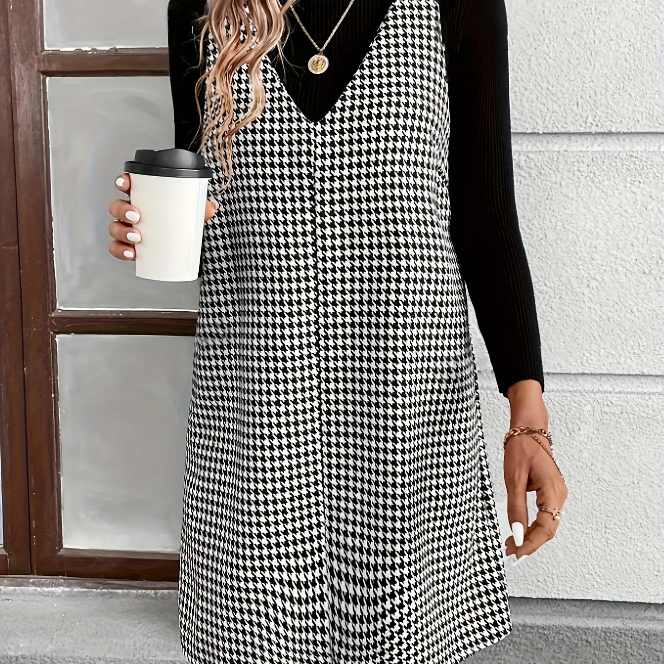 

Houndstooth Print V Neck Dress, Elegant Sleeveless Loose Tank Dress, Women's Clothing